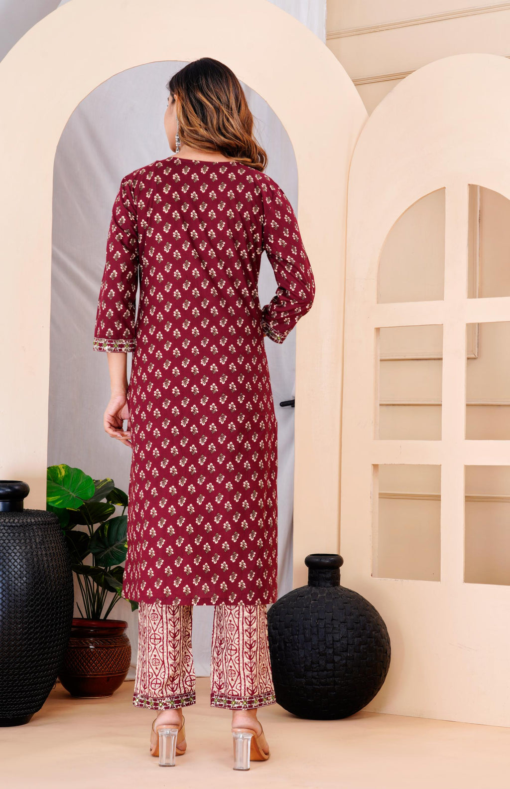 Traditional Maroon Floral Printed Kurta Set with Contrasting Dupatta