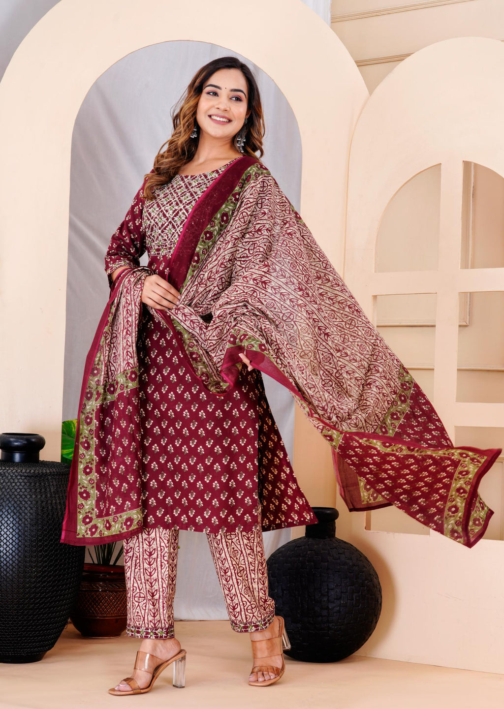 Traditional Maroon Floral Printed Kurta Set with Contrasting Dupatta