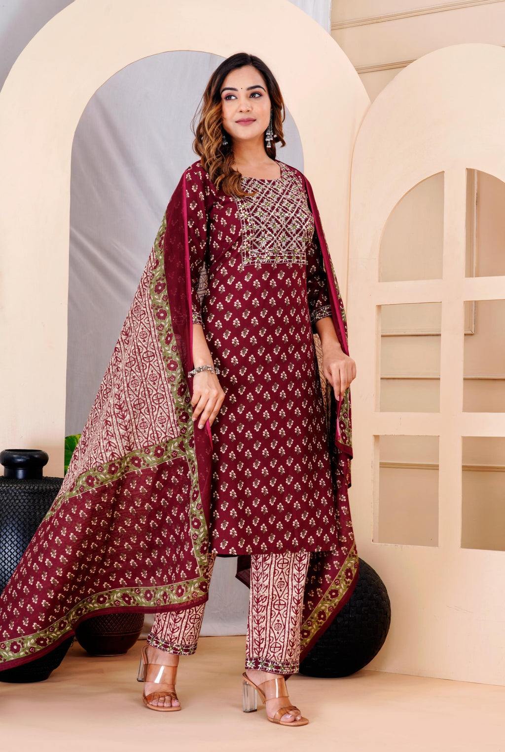 Traditional Maroon Floral Printed Kurta Set with Contrasting Dupatta