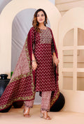 Traditional Maroon Floral Printed Kurta Set with Contrasting Dupatta