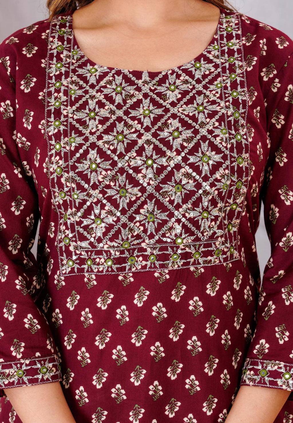 Traditional Maroon Floral Printed Kurta Set with Contrasting Dupatta