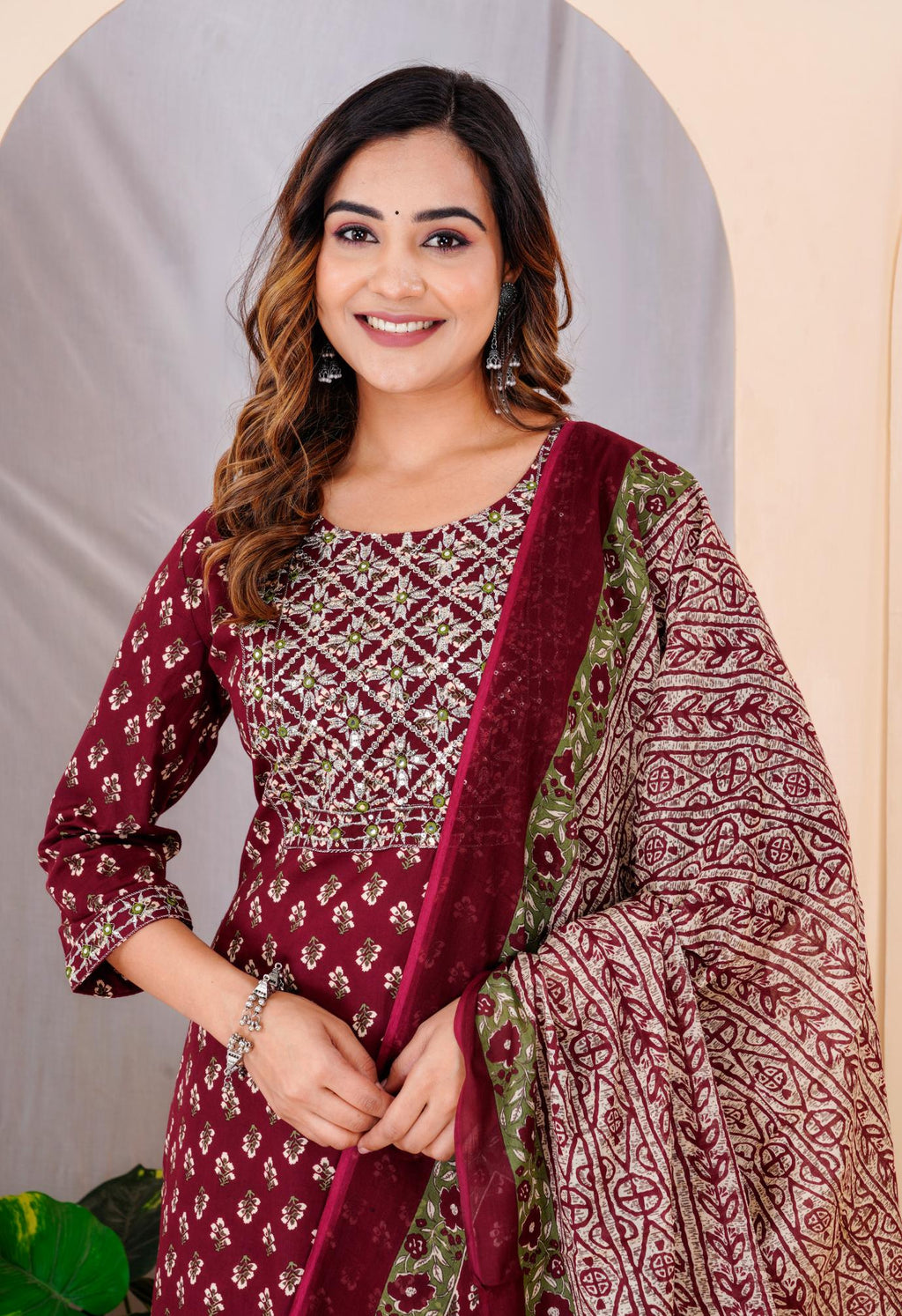 Traditional Maroon Floral Printed Kurta Set with Contrasting Dupatta