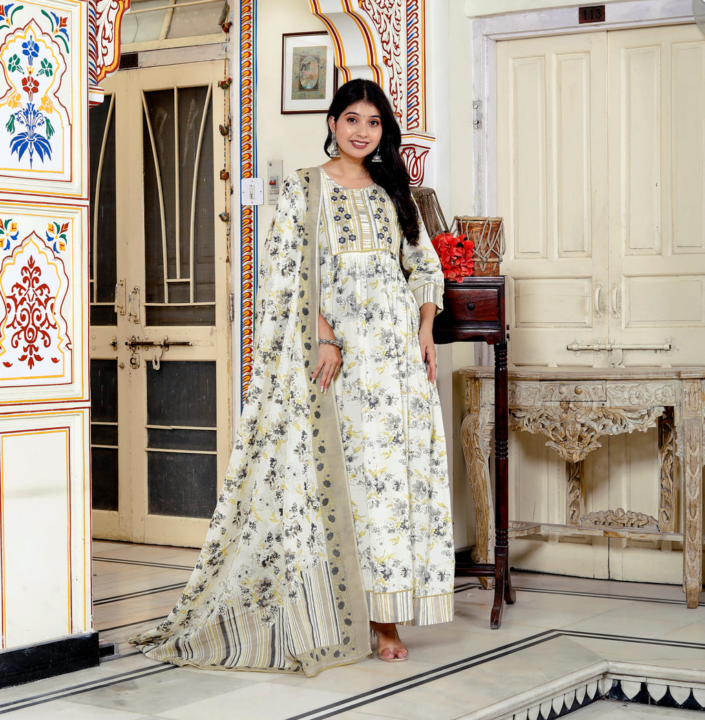 Women's Off-White Floral Printed Cotton Anarkali Kurta with Dupatta Set