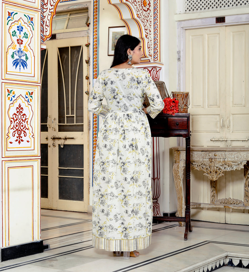 Women's Off-White Floral Printed Cotton Anarkali Kurta with Dupatta Set
