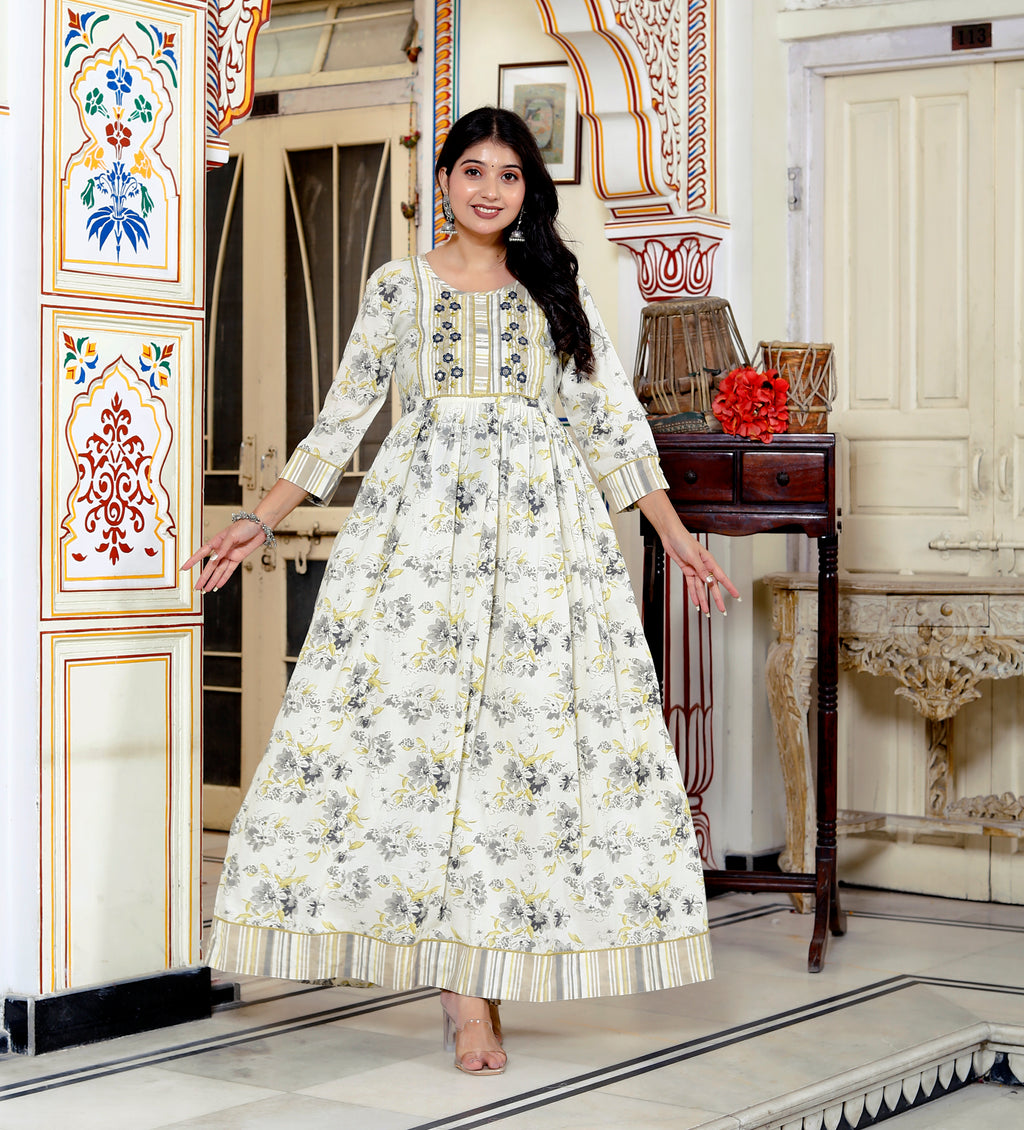 Women's Off-White Floral Printed Cotton Anarkali Kurta with Dupatta Set