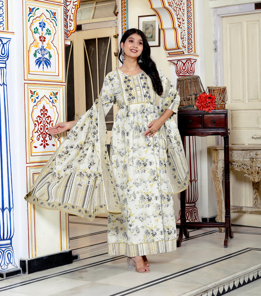 Women's Off-White Floral Printed Cotton Anarkali Kurta with Dupatta Set