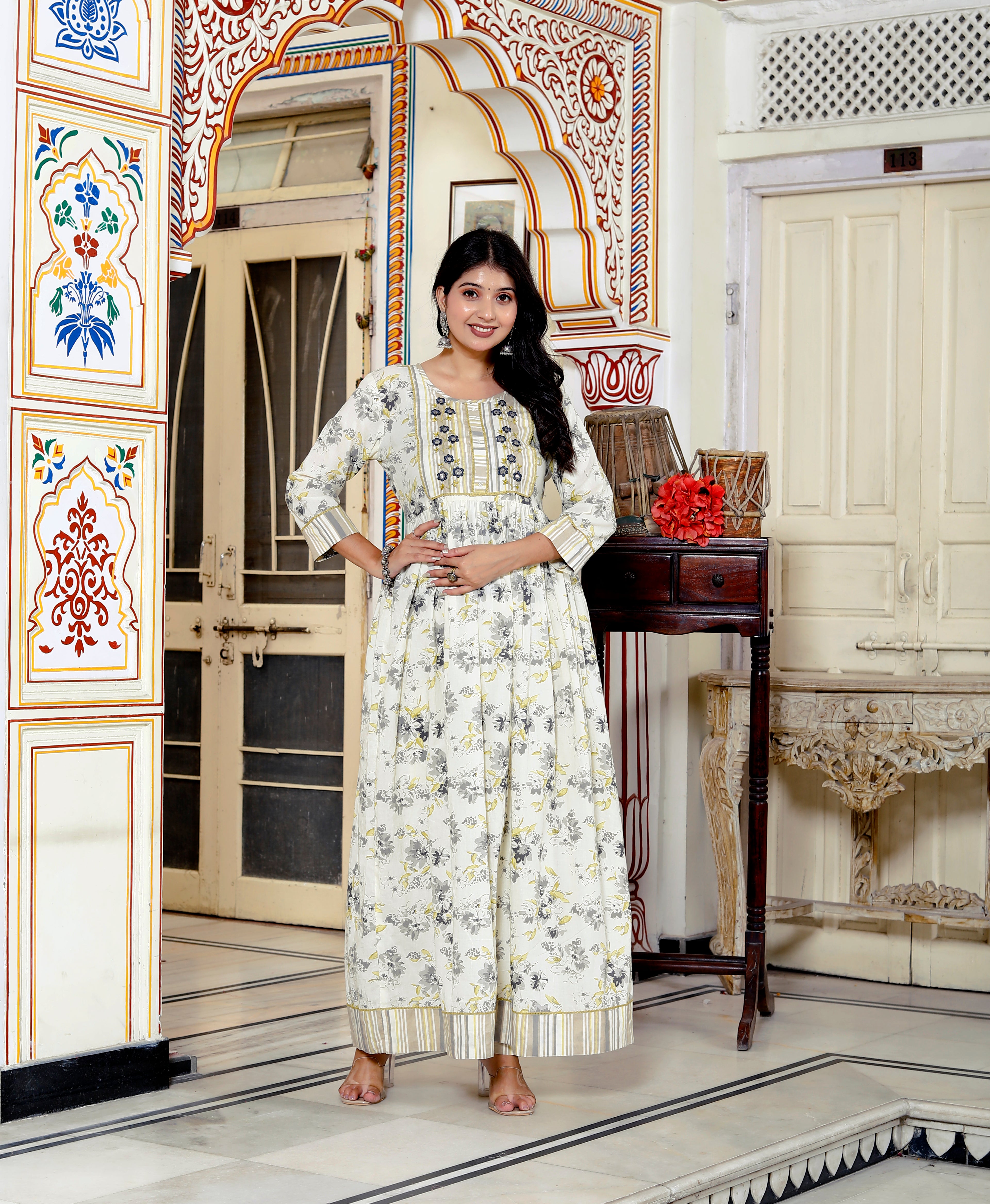 Women's Off-White Floral Printed Cotton Anarkali Kurta with Dupatta Set