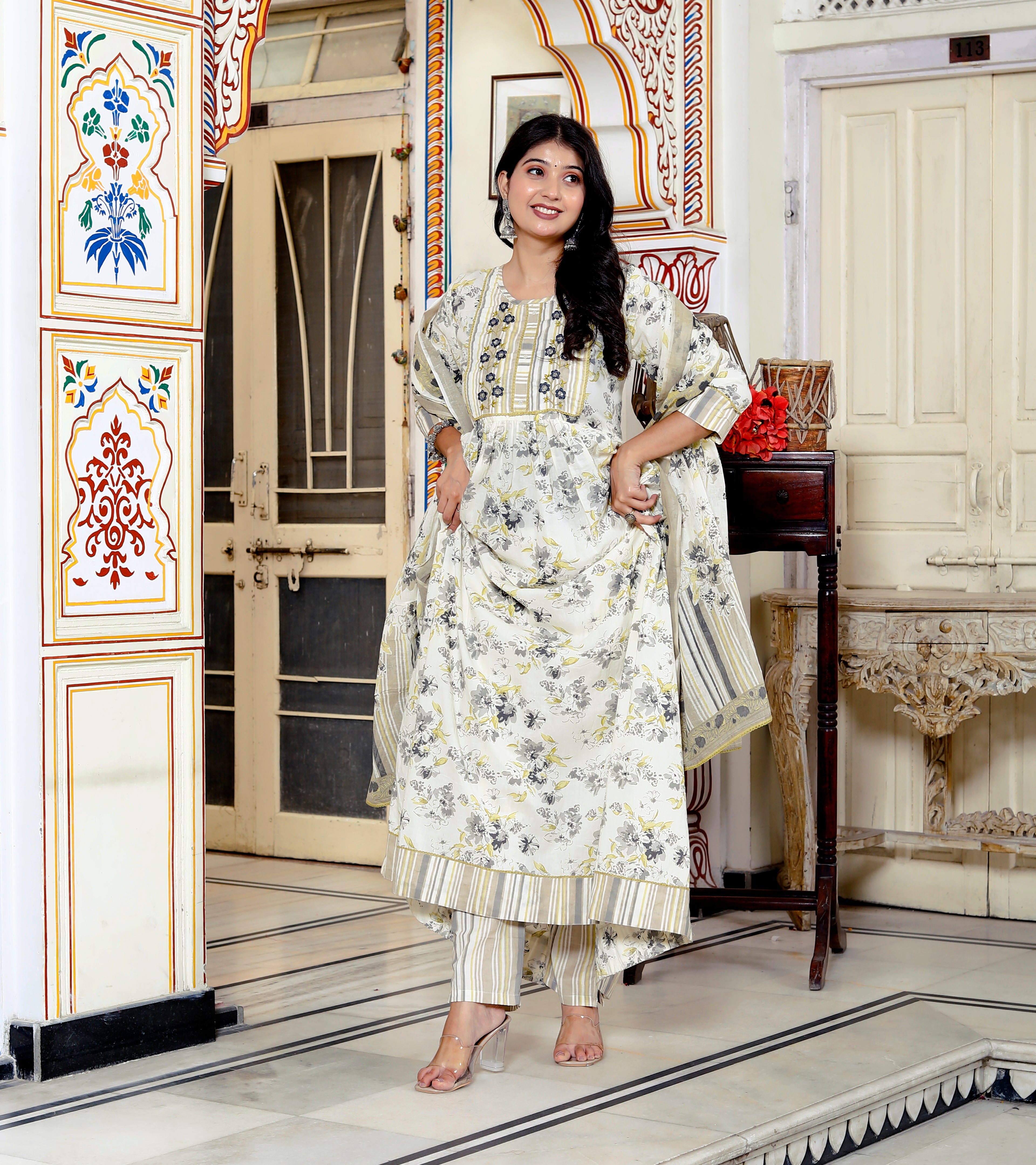 Women's Off-White Floral Printed Cotton Anarkali Kurta with Dupatta Set