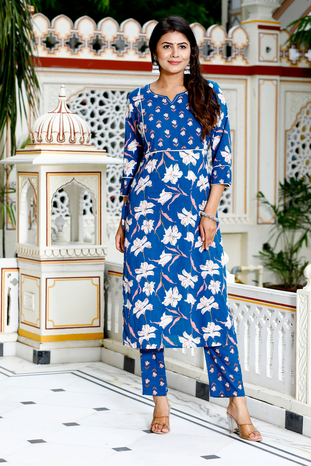 Indigo Bloom Floral Print Kurta Set with Striped Dupatta