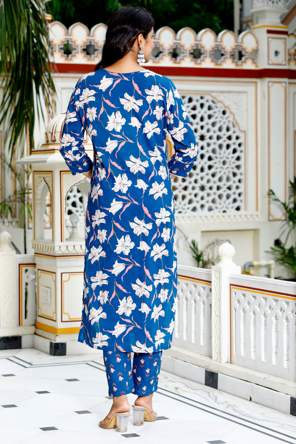 Indigo Bloom Floral Print Kurta Set with Striped Dupatta