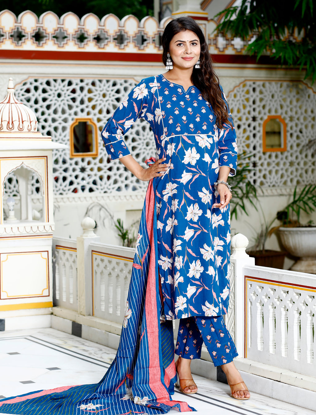 Indigo Bloom Floral Print Kurta Set with Striped Dupatta