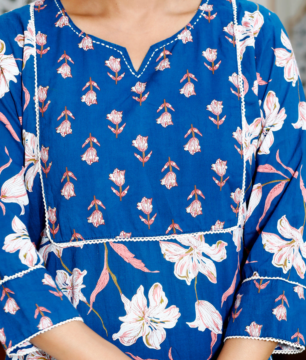 Indigo Bloom Floral Print Kurta Set with Striped Dupatta