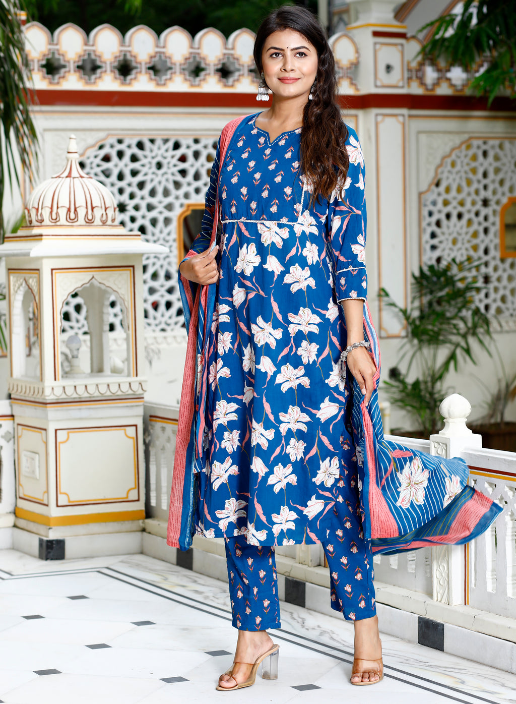 Indigo Bloom Floral Print Kurta Set with Striped Dupatta