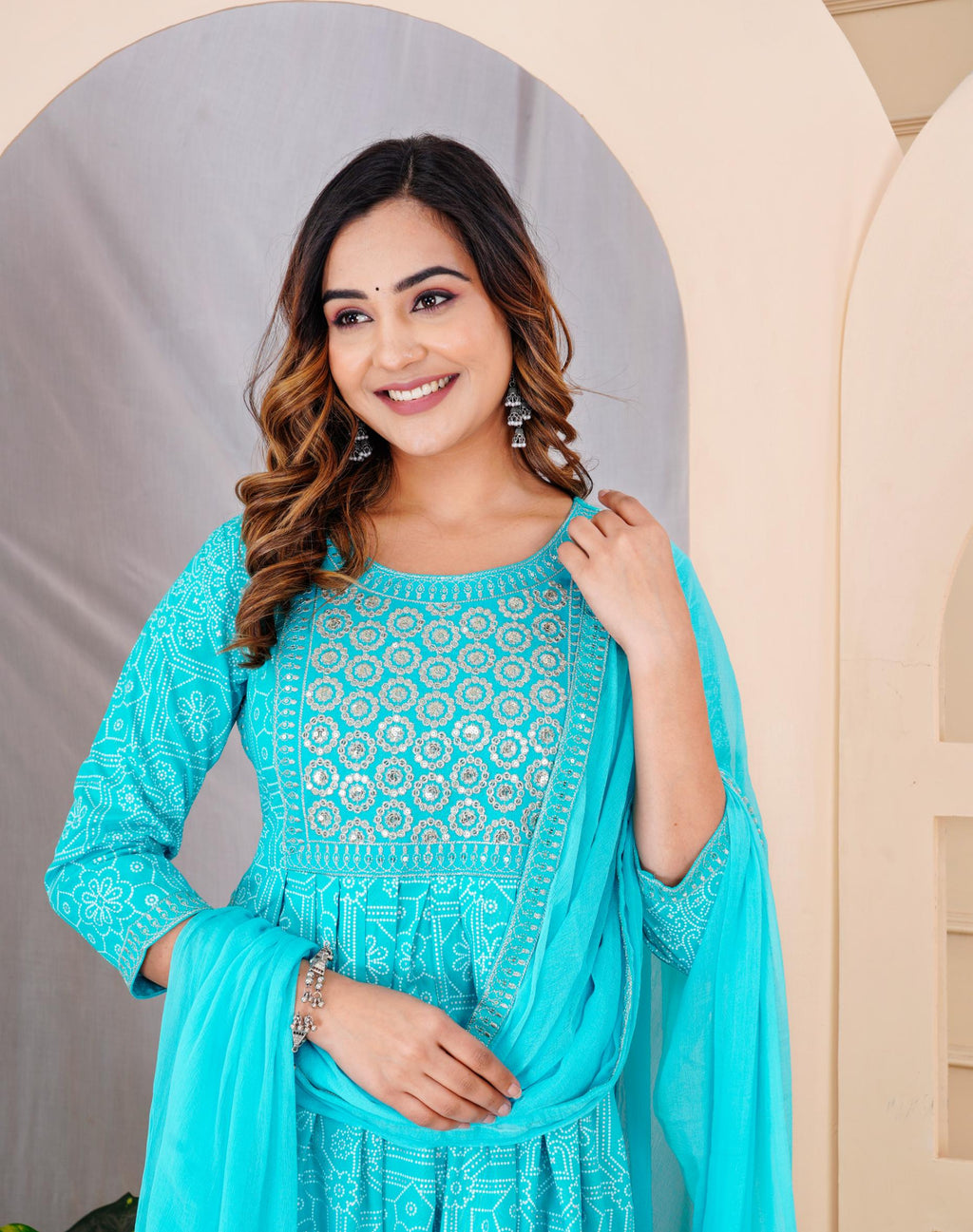 Elegant Thurquise & Silver Embroidered Anarkali Set with Floral Print