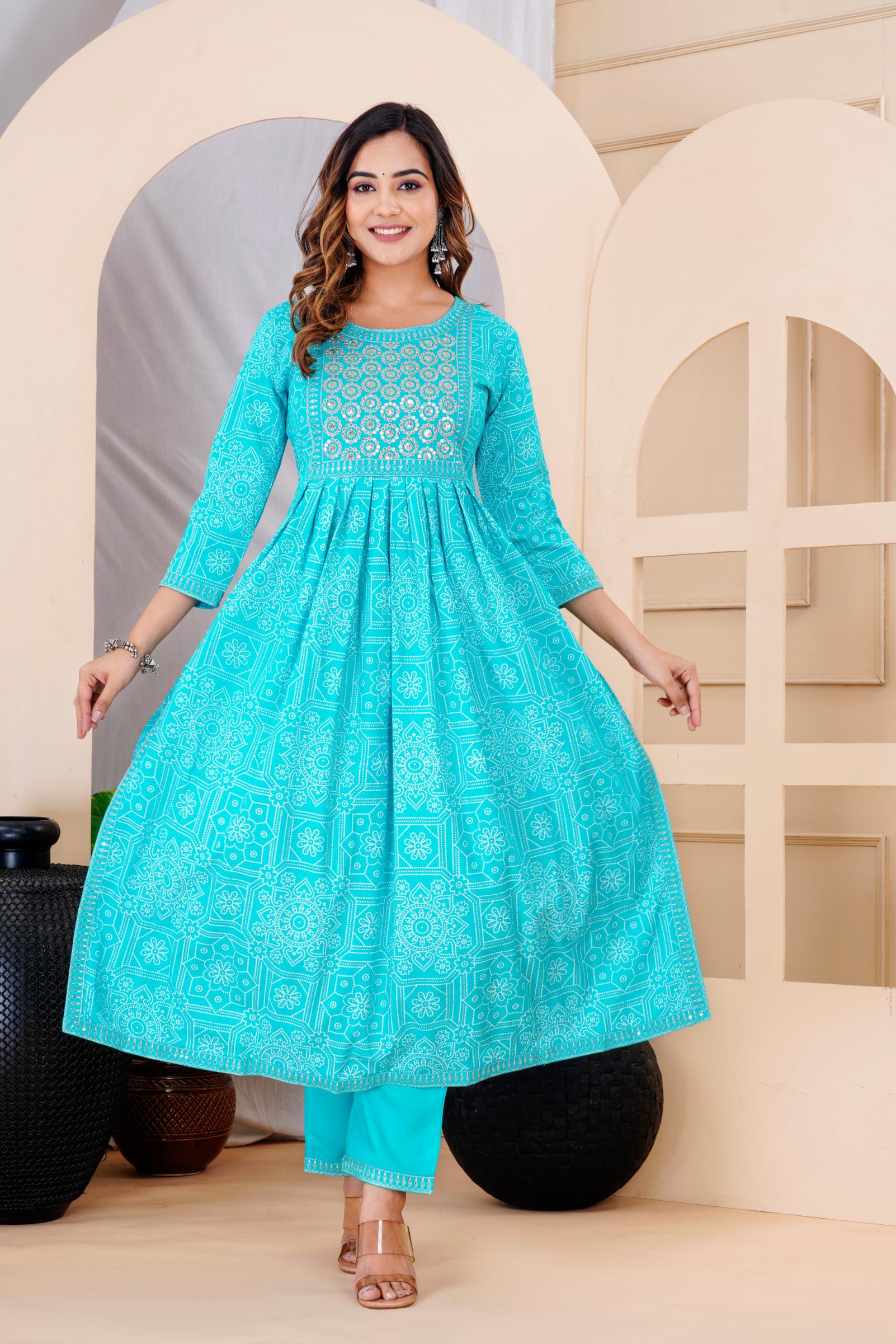 Elegant Thurquise & Silver Embroidered Anarkali Set with Floral Print