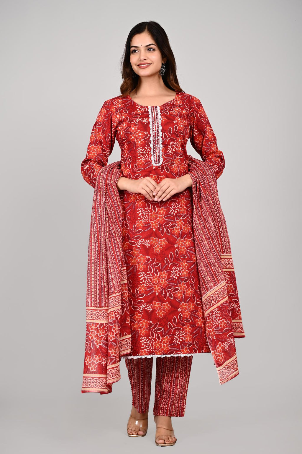Women’s RED Floral Printed Kurta Pant with Dupatta Set