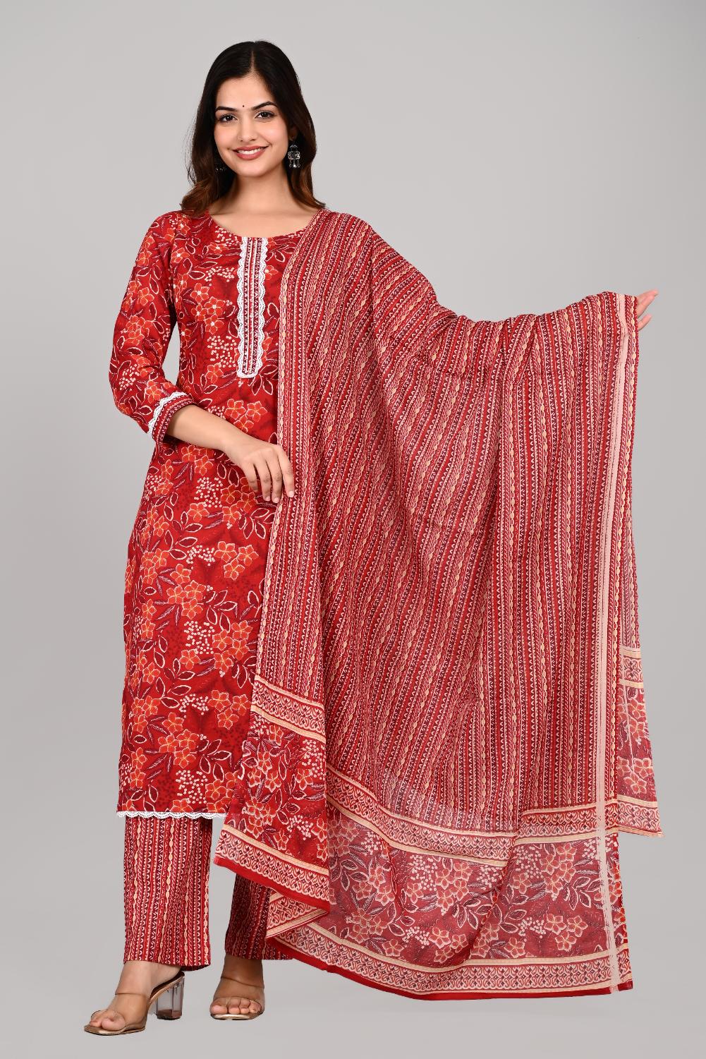 Women’s RED Floral Printed Kurta Pant with Dupatta Set