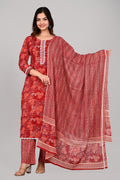 Women’s RED Floral Printed Kurta Pant with Dupatta Set