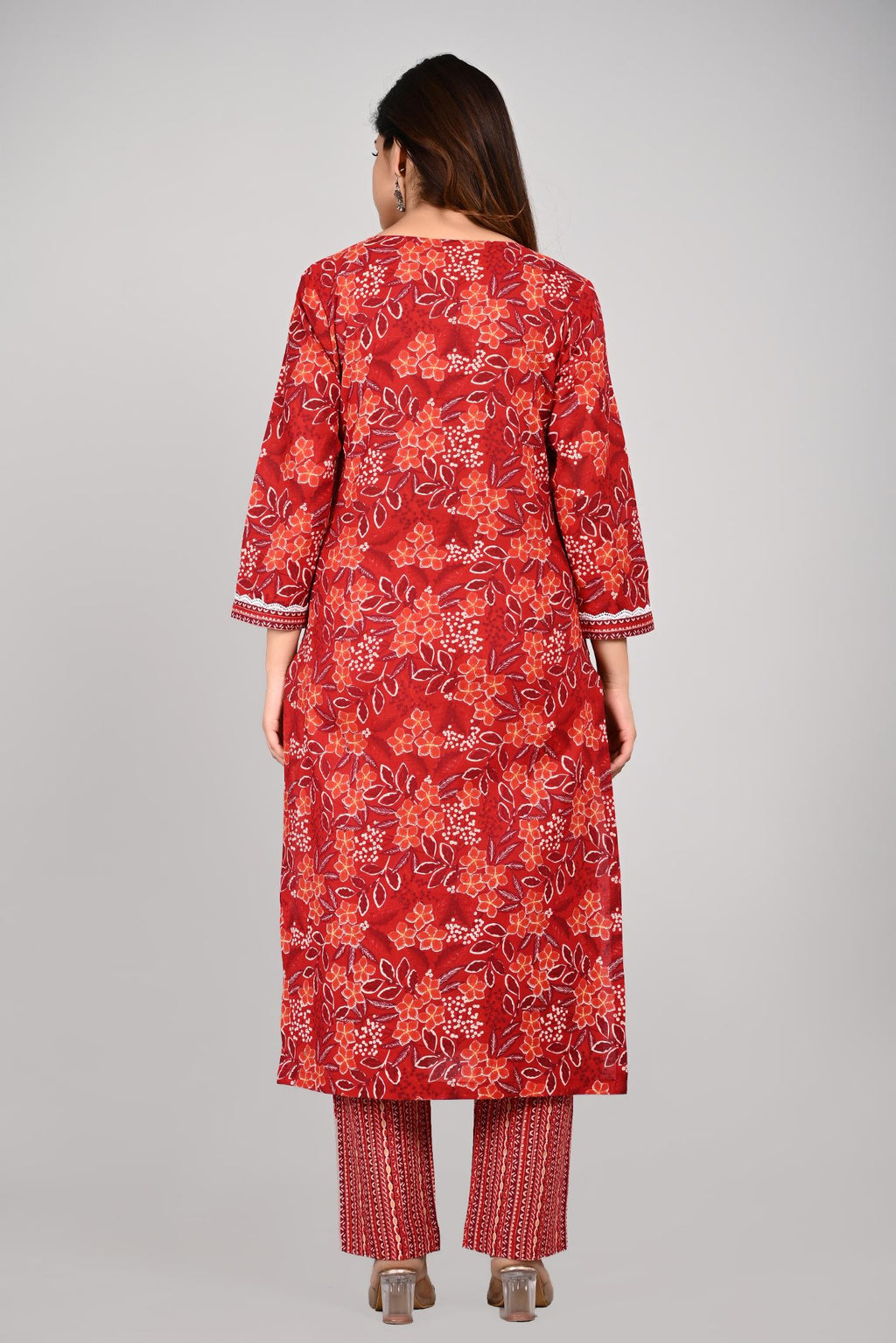 Women’s RED Floral Printed Kurta Pant with Dupatta Set