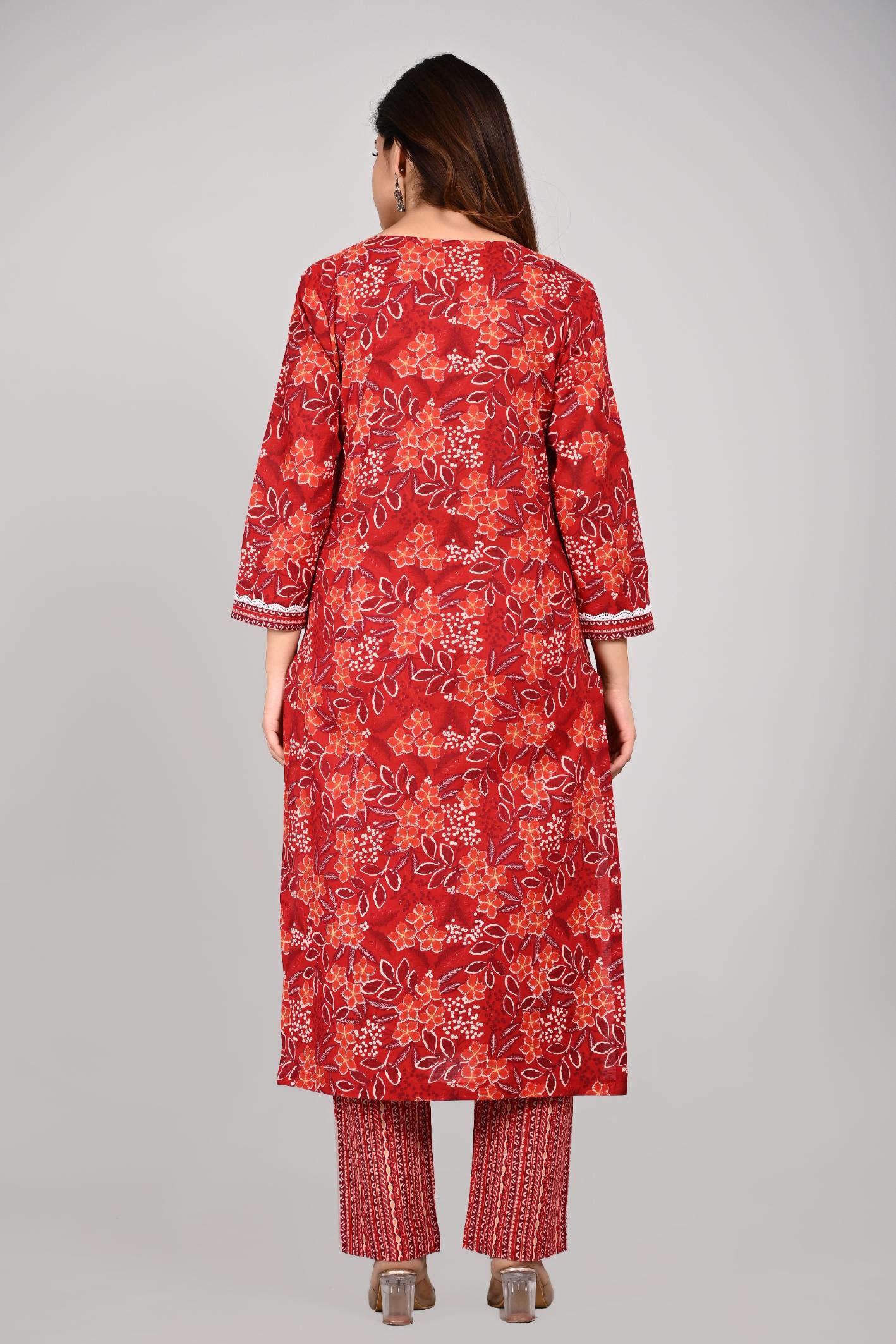 Women’s RED Floral Printed Kurta Pant with Dupatta Set