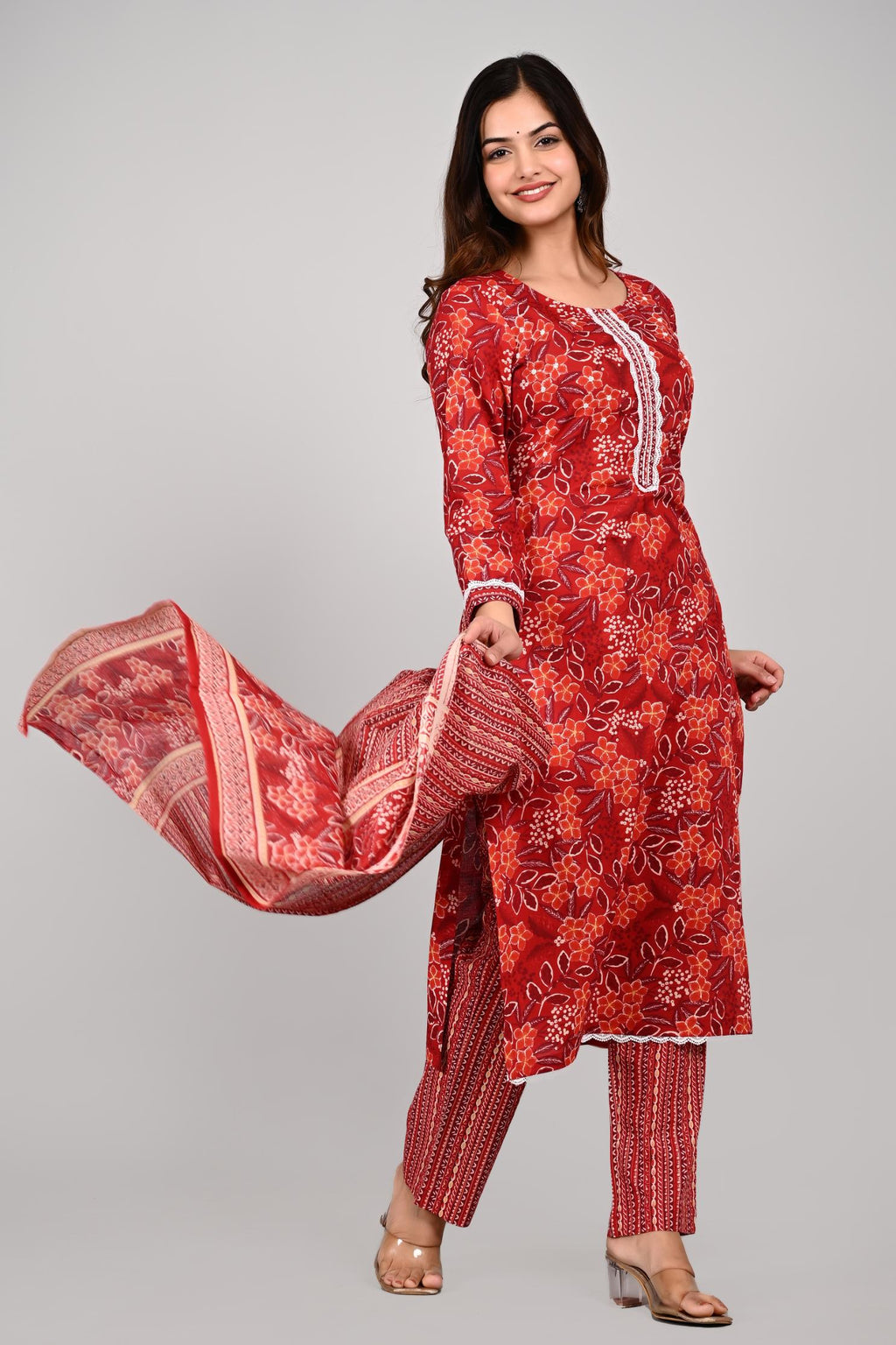 Women’s RED Floral Printed Kurta Pant with Dupatta Set