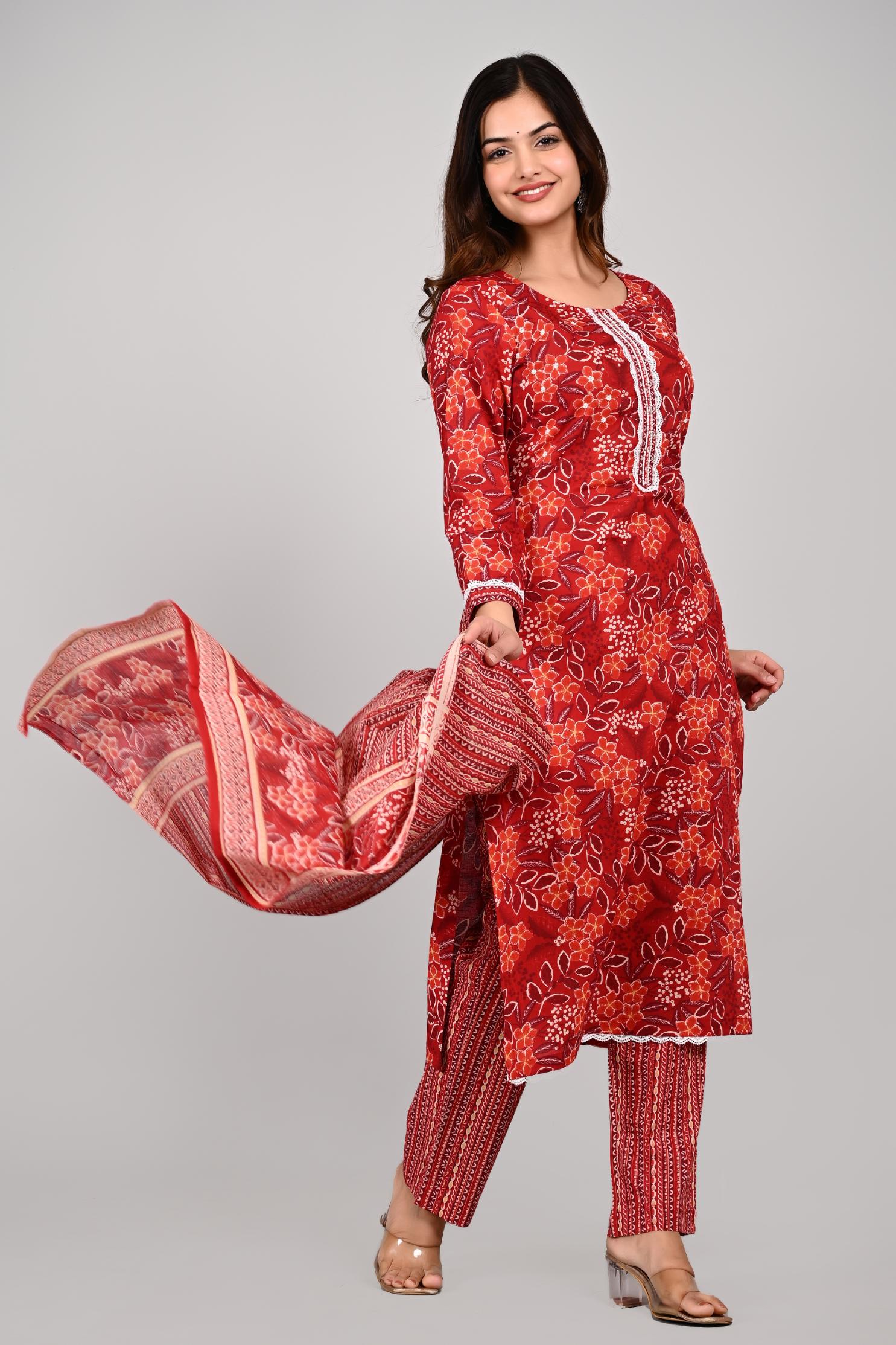 Women’s RED Floral Printed Kurta Pant with Dupatta Set