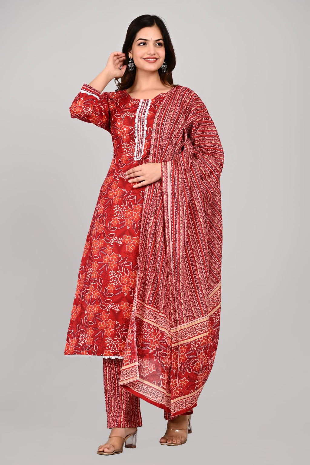 Women’s RED Floral Printed Kurta Pant with Dupatta Set