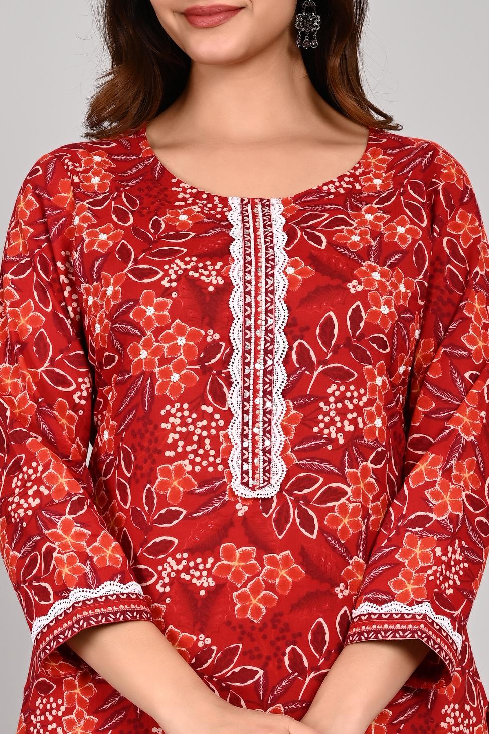 Women’s RED Floral Printed Kurta Pant with Dupatta Set