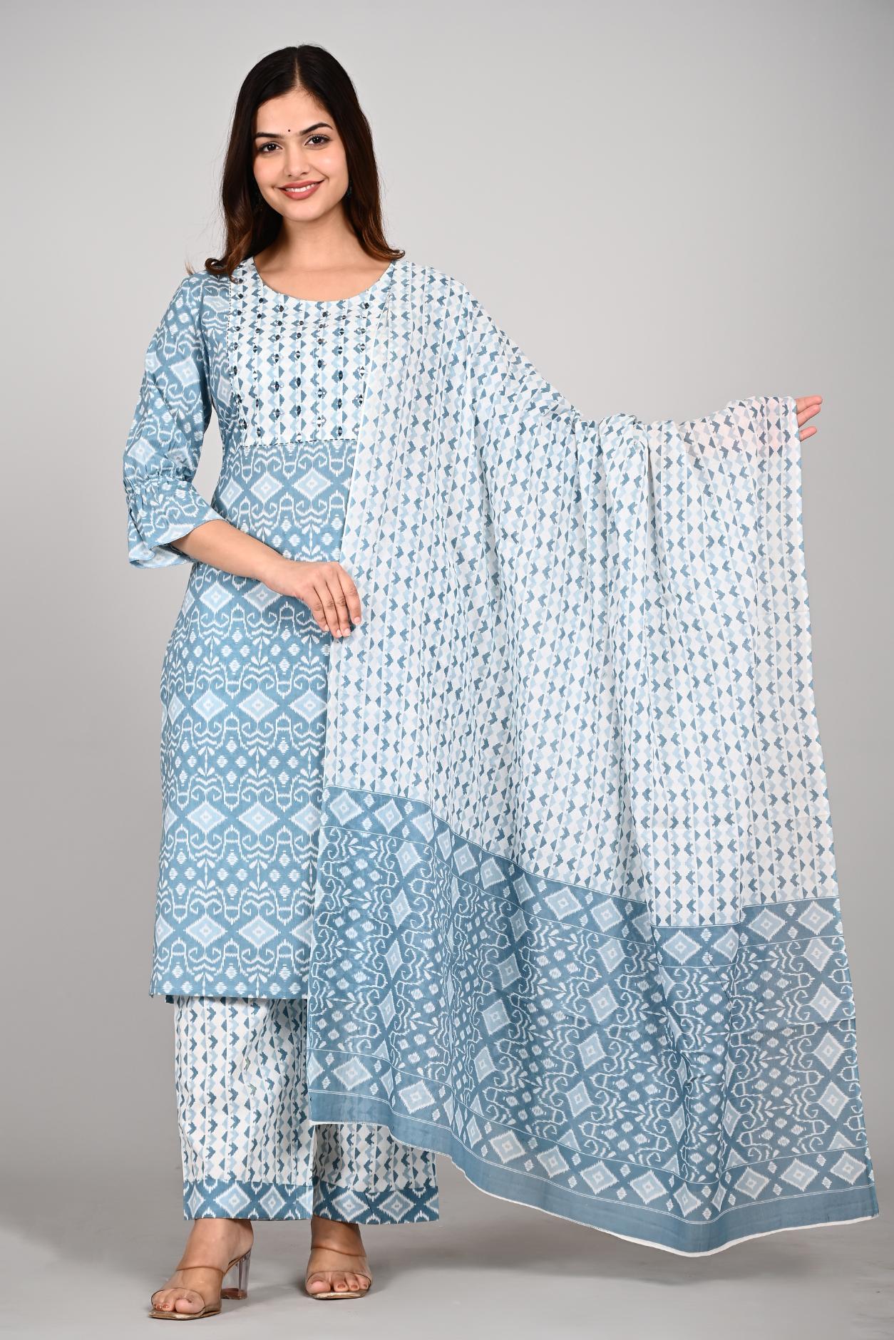 Blue & White Printed Cotton Kurta Set with Dupatta for Women