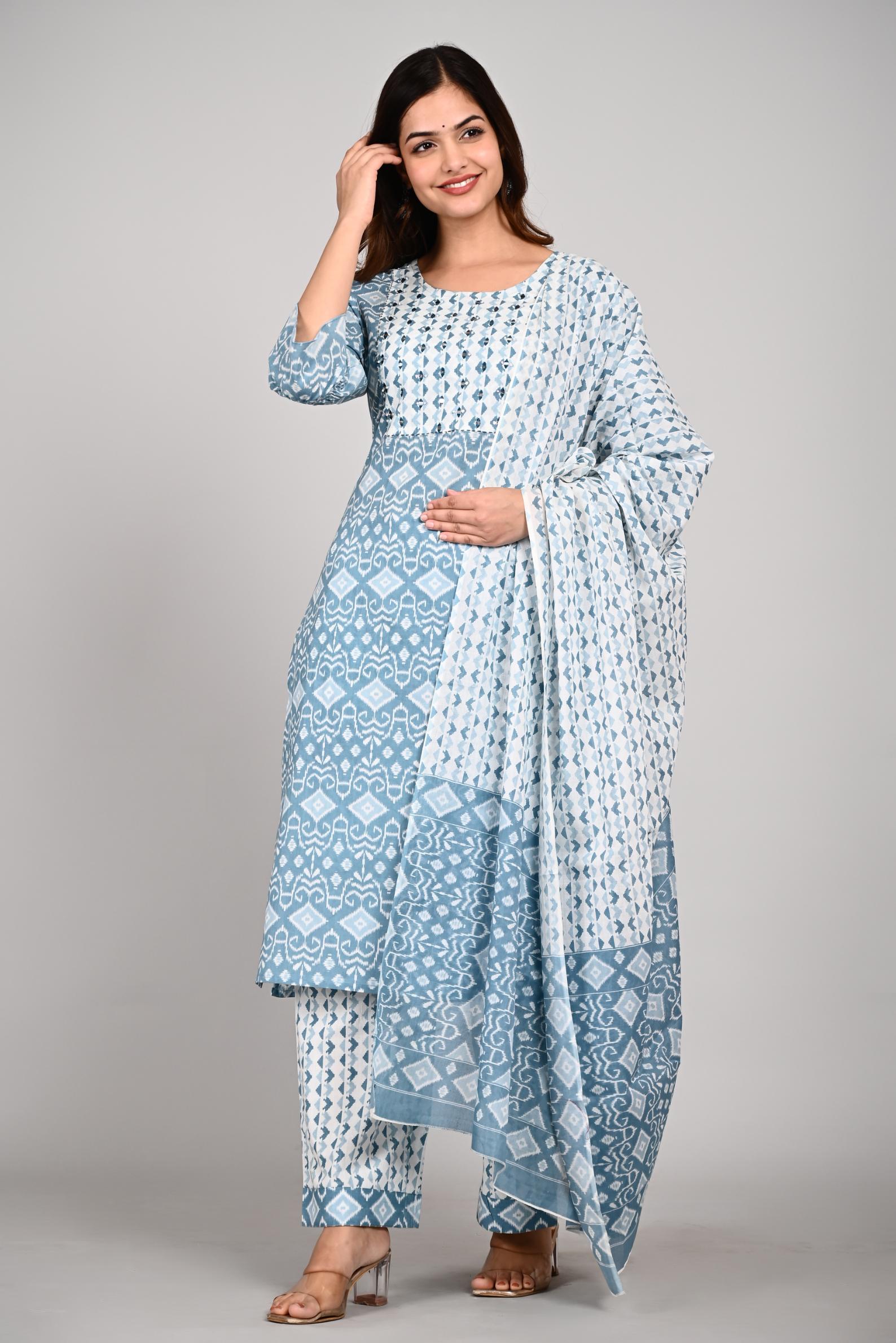 Blue & White Printed Cotton Kurta Set with Dupatta for Women