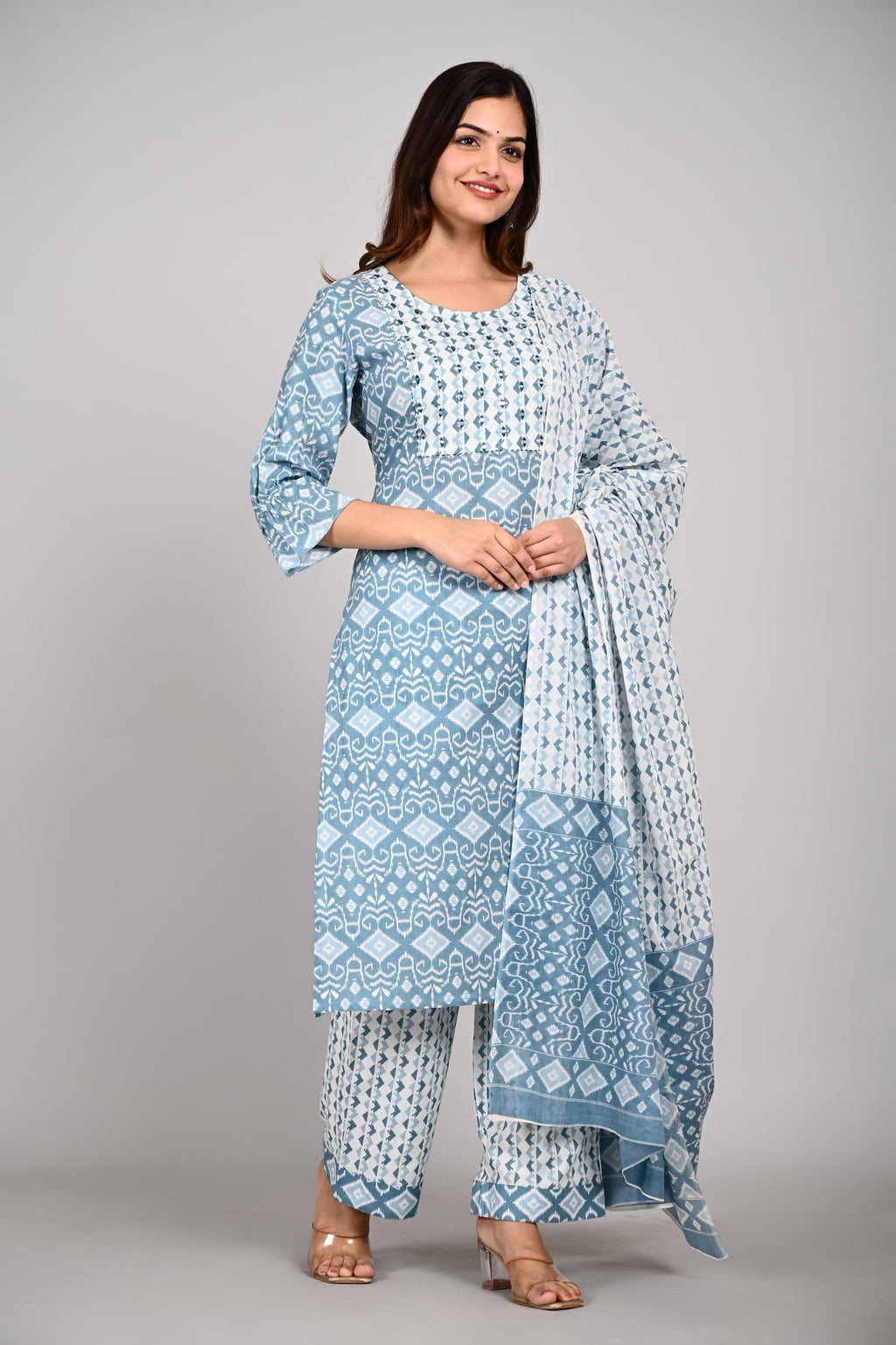 Blue & White Printed Cotton Kurta Set with Dupatta for Women