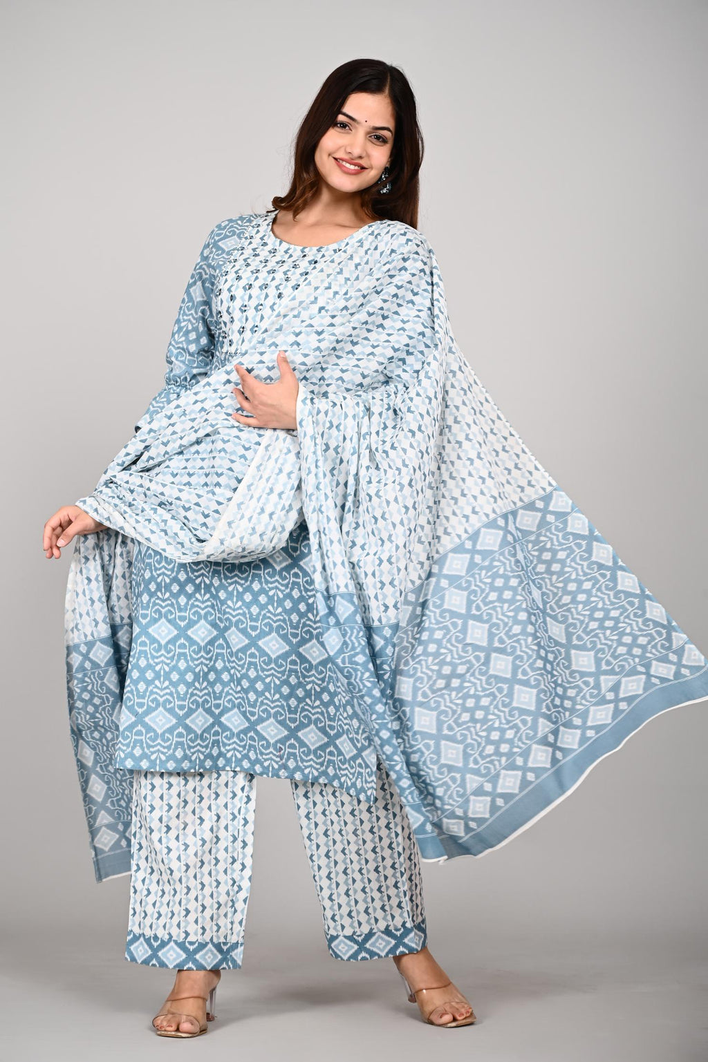 Blue & White Printed Cotton Kurta Set with Dupatta for Women