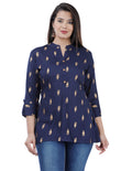 Navy Blue Printed Mandarin Collar Kurti Top for Women