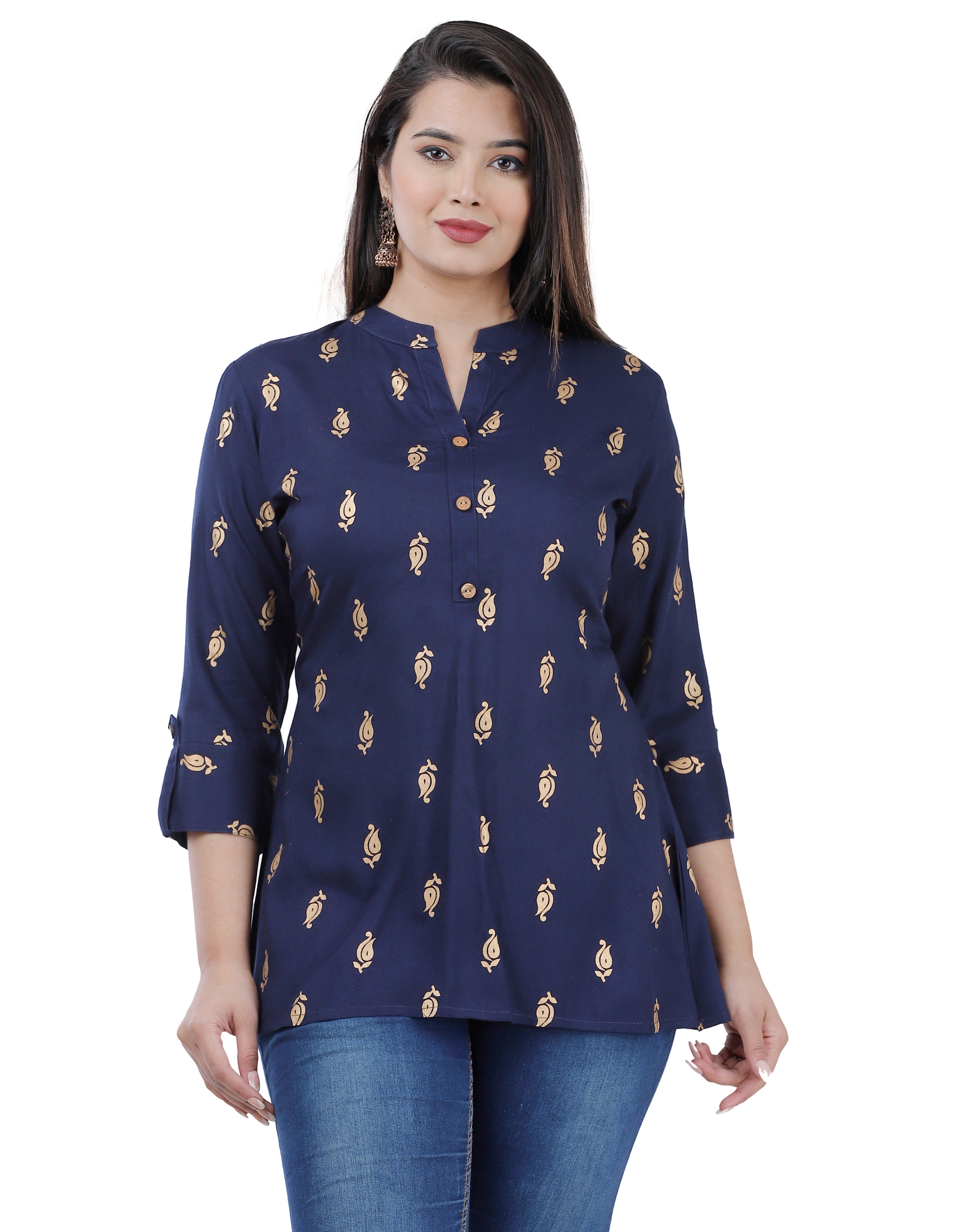 Navy Blue Printed Mandarin Collar Kurti Top for Women