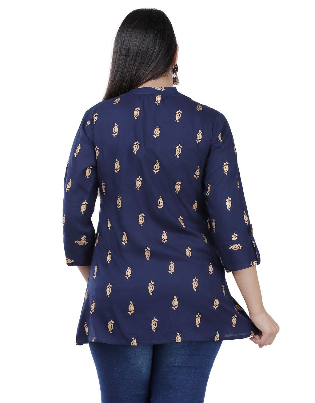 Navy Blue Printed Mandarin Collar Kurti Top for Women