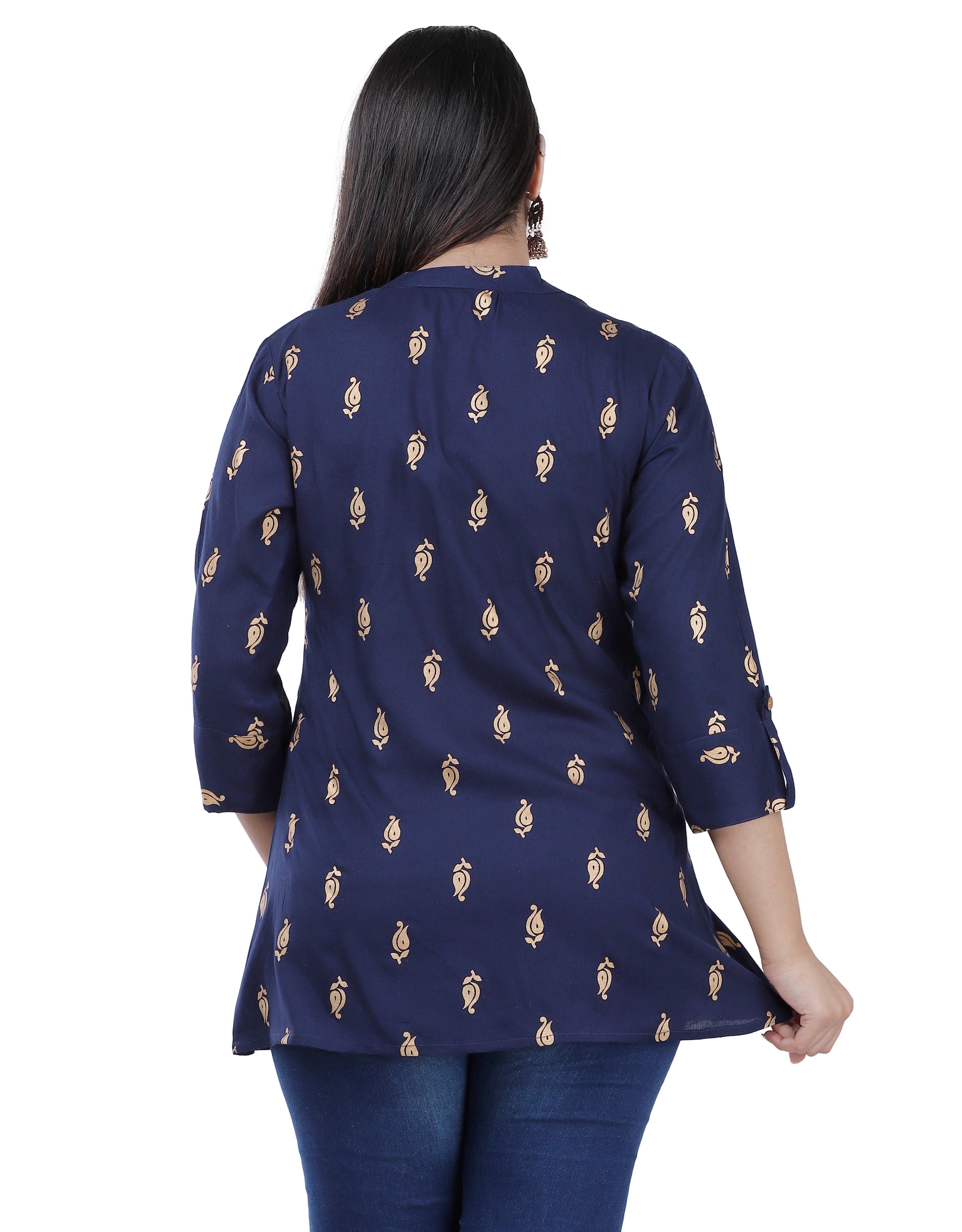 Navy Blue Printed Mandarin Collar Kurti Top for Women
