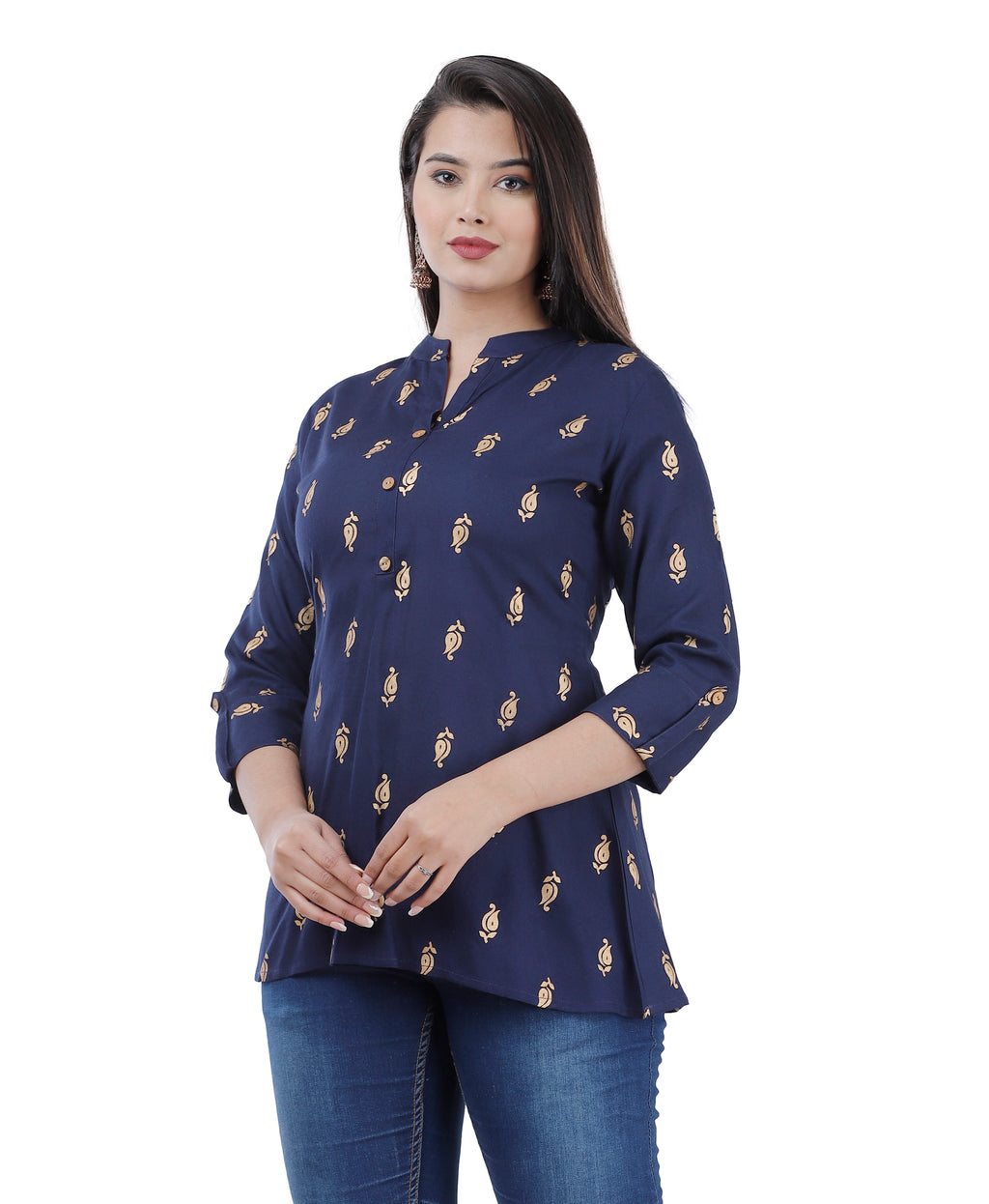 Navy Blue Printed Mandarin Collar Kurti Top for Women