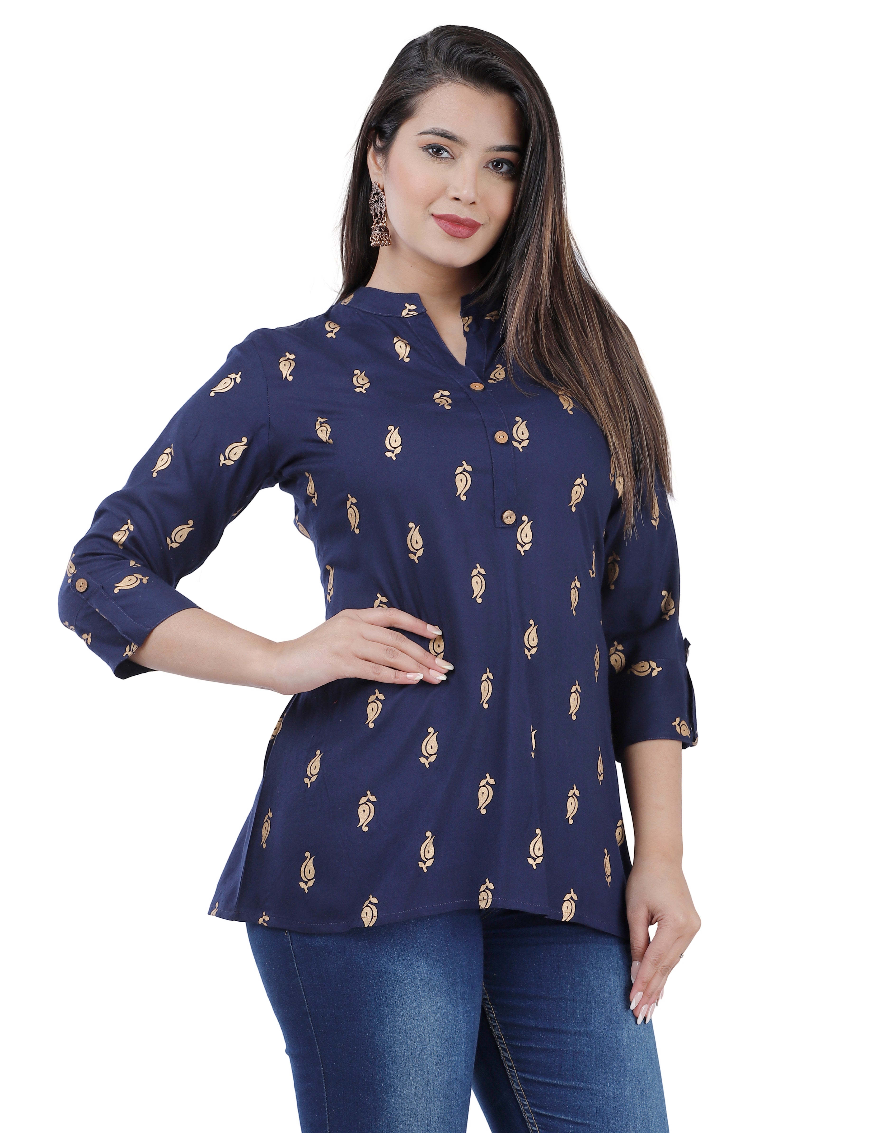 Navy Blue Printed Mandarin Collar Kurti Top for Women