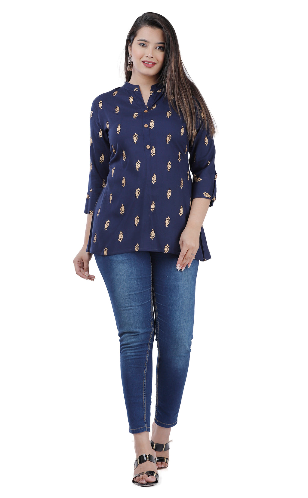 Navy Blue Printed Mandarin Collar Kurti Top for Women