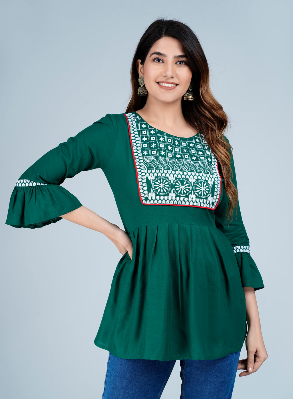 Women’s Emerald Green Embroidered Peplum Kurti Top with Bell Sleeves