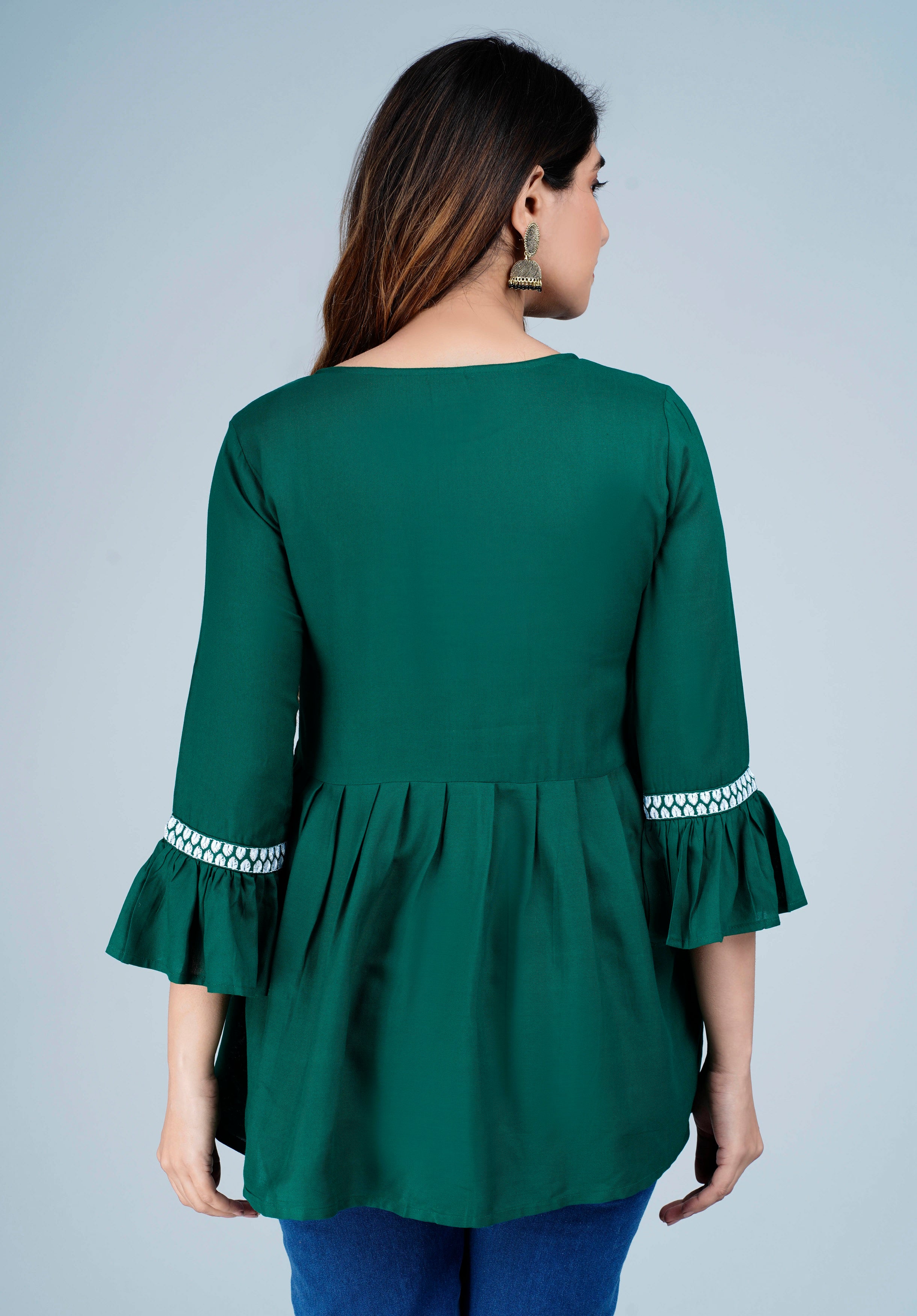 Women’s Emerald Green Embroidered Peplum Kurti Top with Bell Sleeves