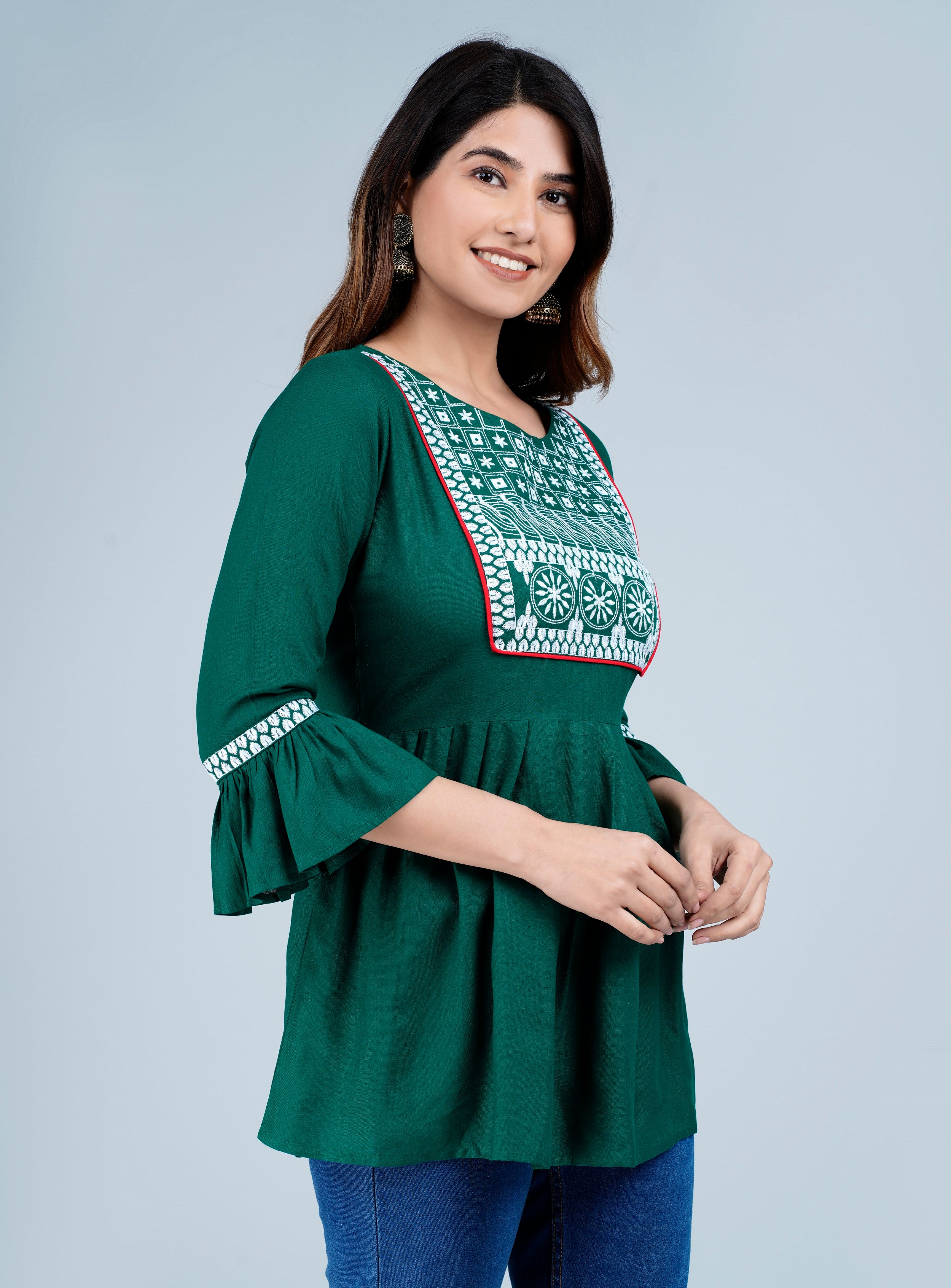Women’s Emerald Green Embroidered Peplum Kurti Top with Bell Sleeves