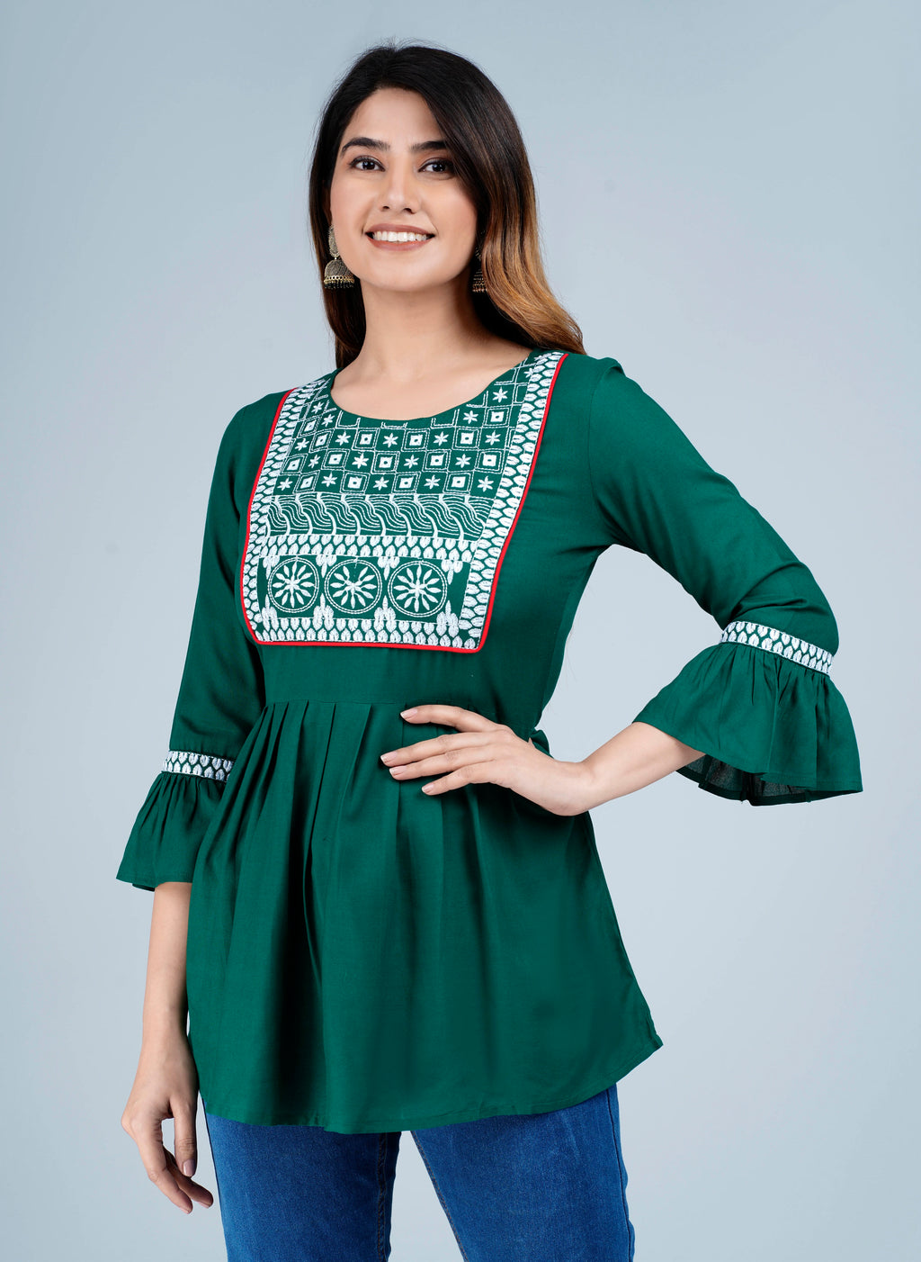 Women’s Emerald Green Embroidered Peplum Kurti Top with Bell Sleeves