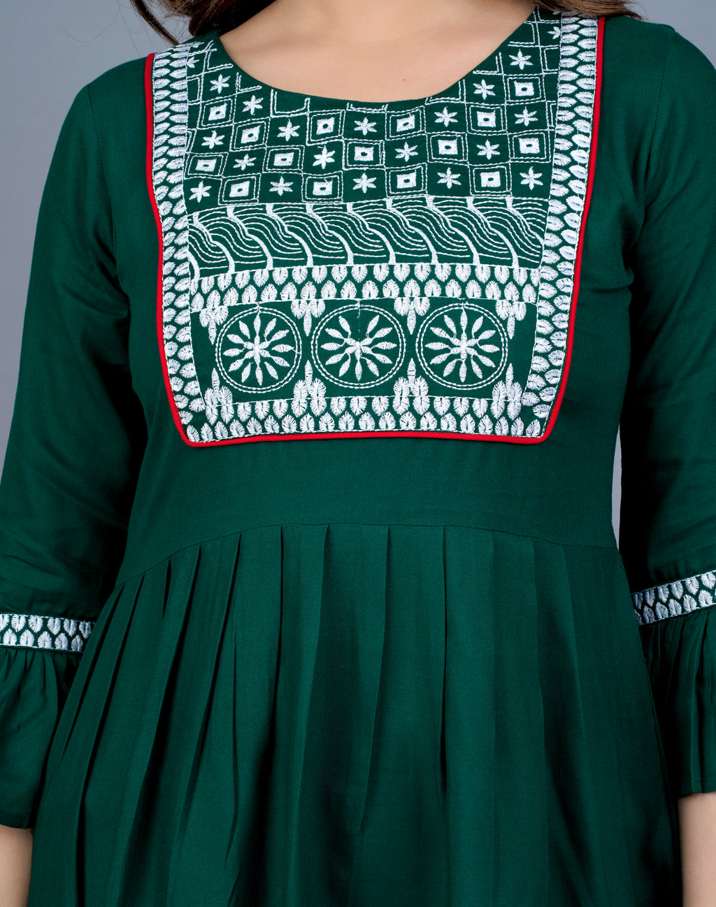 Women’s Emerald Green Embroidered Peplum Kurti Top with Bell Sleeves