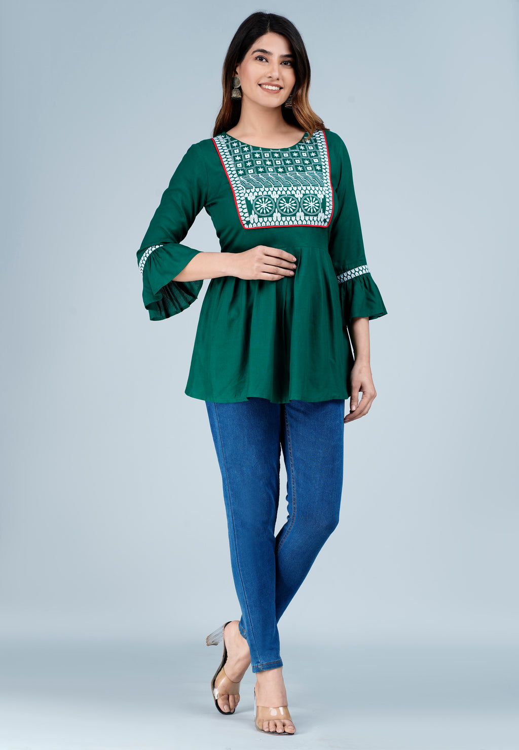 Women’s Emerald Green Embroidered Peplum Kurti Top with Bell Sleeves