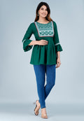 Women’s Emerald Green Embroidered Peplum Kurti Top with Bell Sleeves