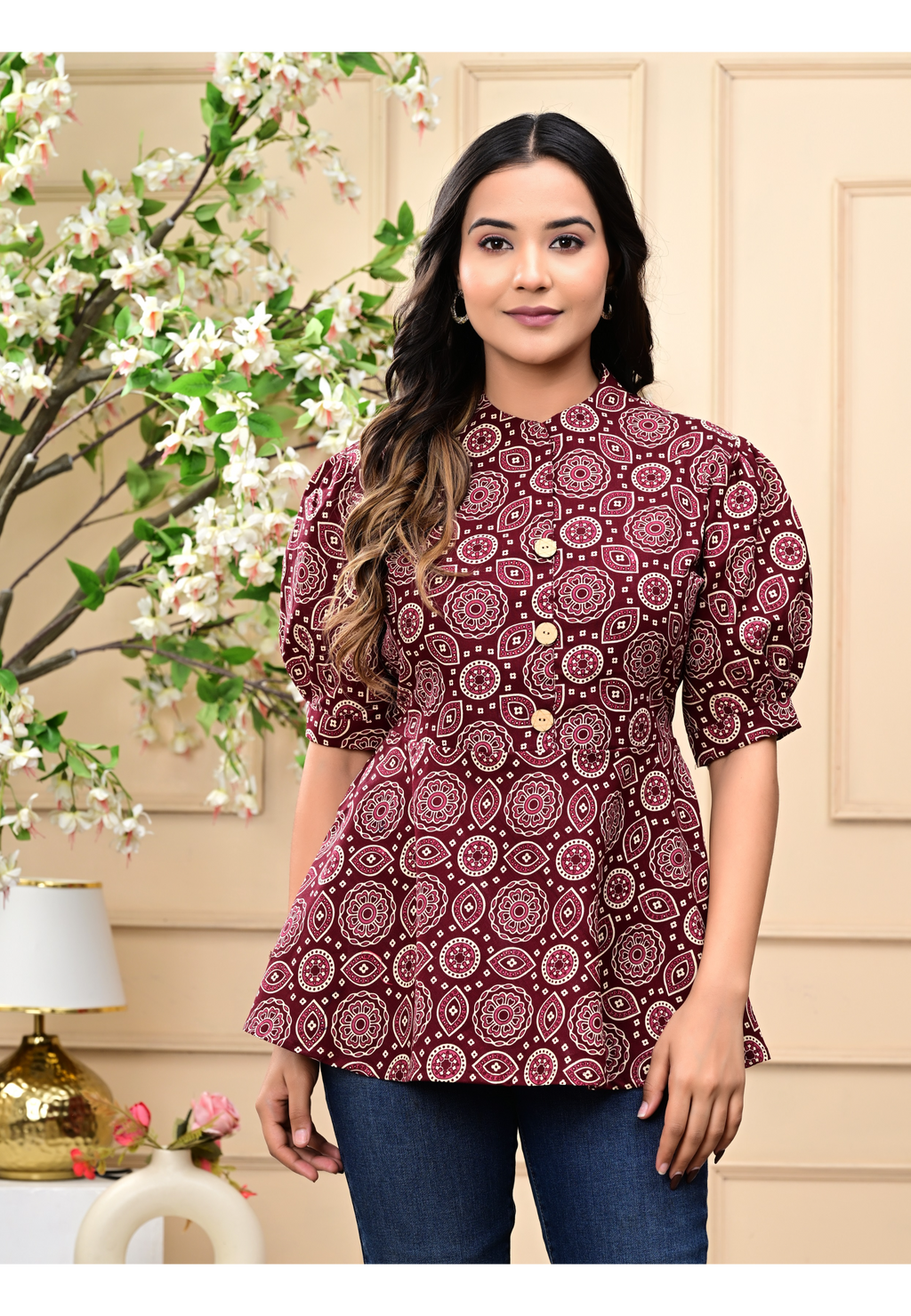 Women's Maroon Floral Block Print Angrakha Peplum Top