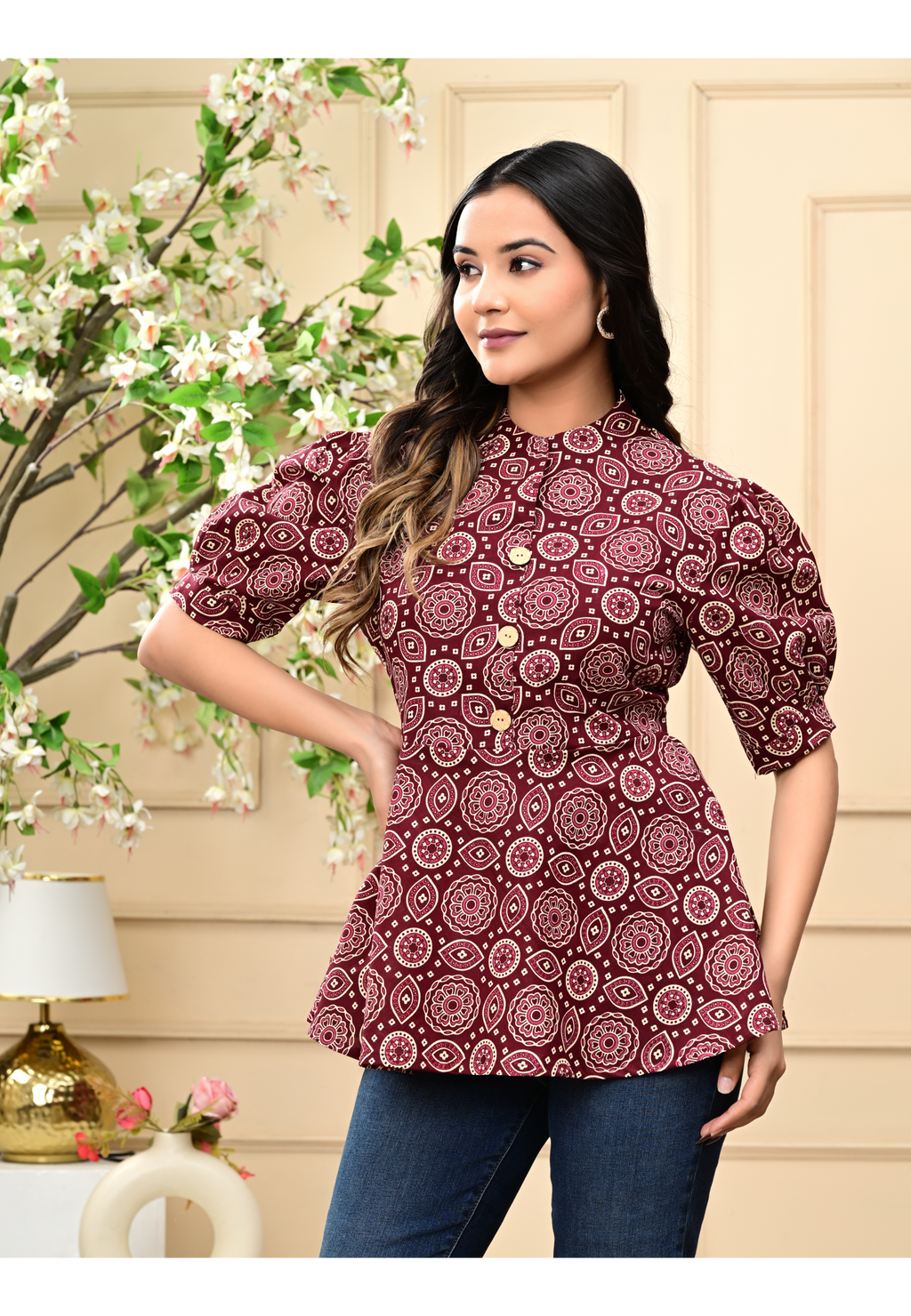 Women's Maroon Floral Block Print Angrakha Peplum Top