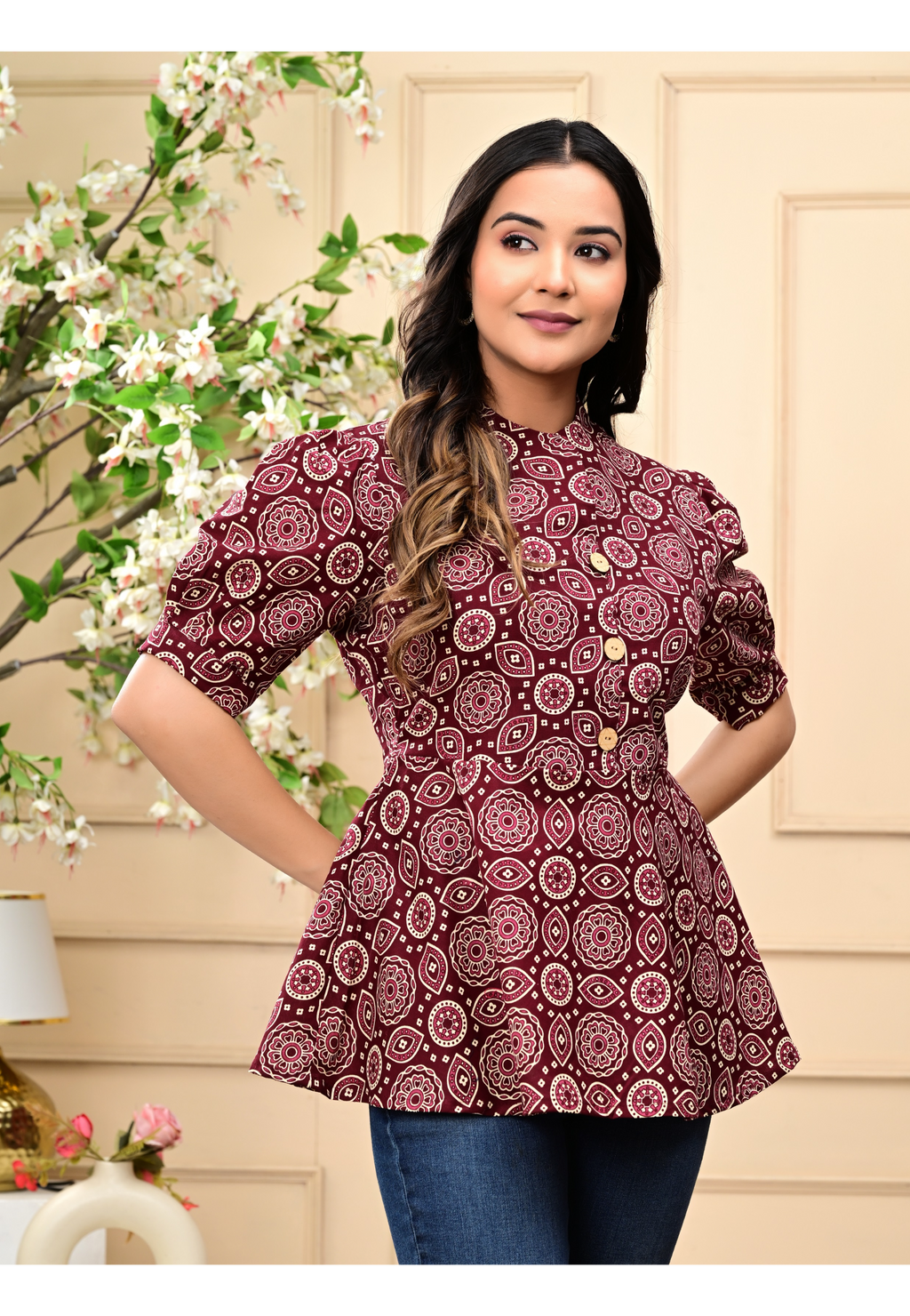 Women's Maroon Floral Block Print Angrakha Peplum Top