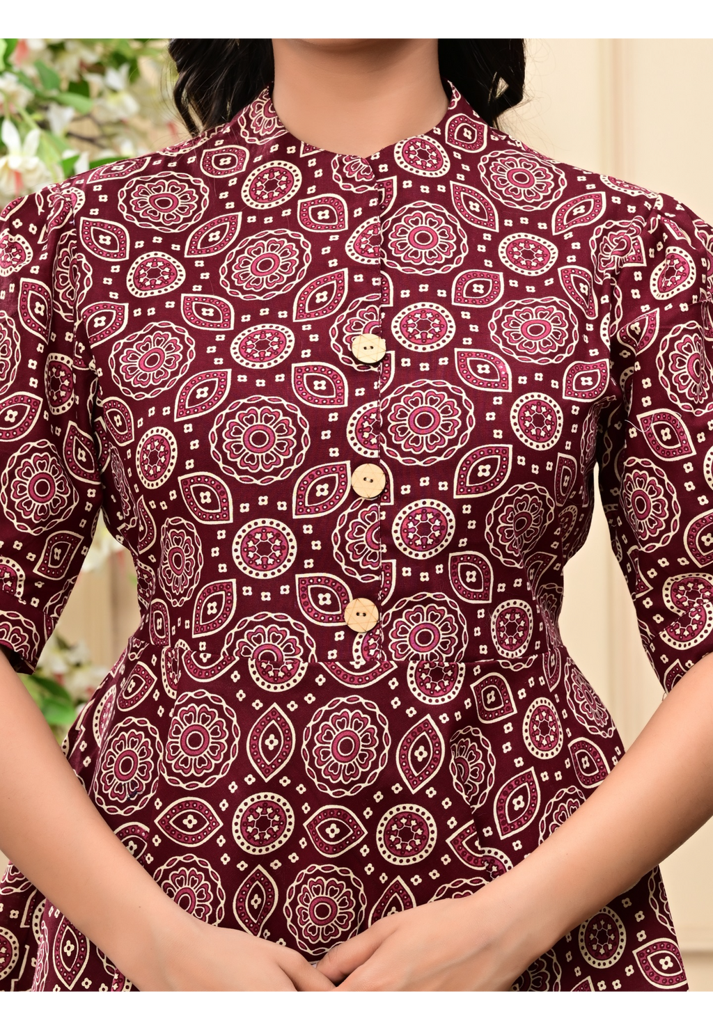 Women's Maroon Floral Block Print Angrakha Peplum Top